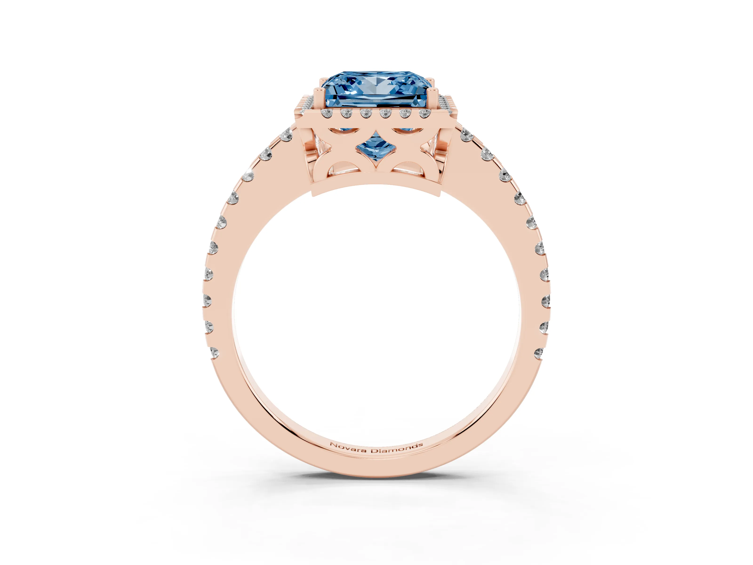 Fancy Blue Princess Cut Diamond Halo Ring Set in Rose gold with Pavé Shoulders and Halo-Framed Center