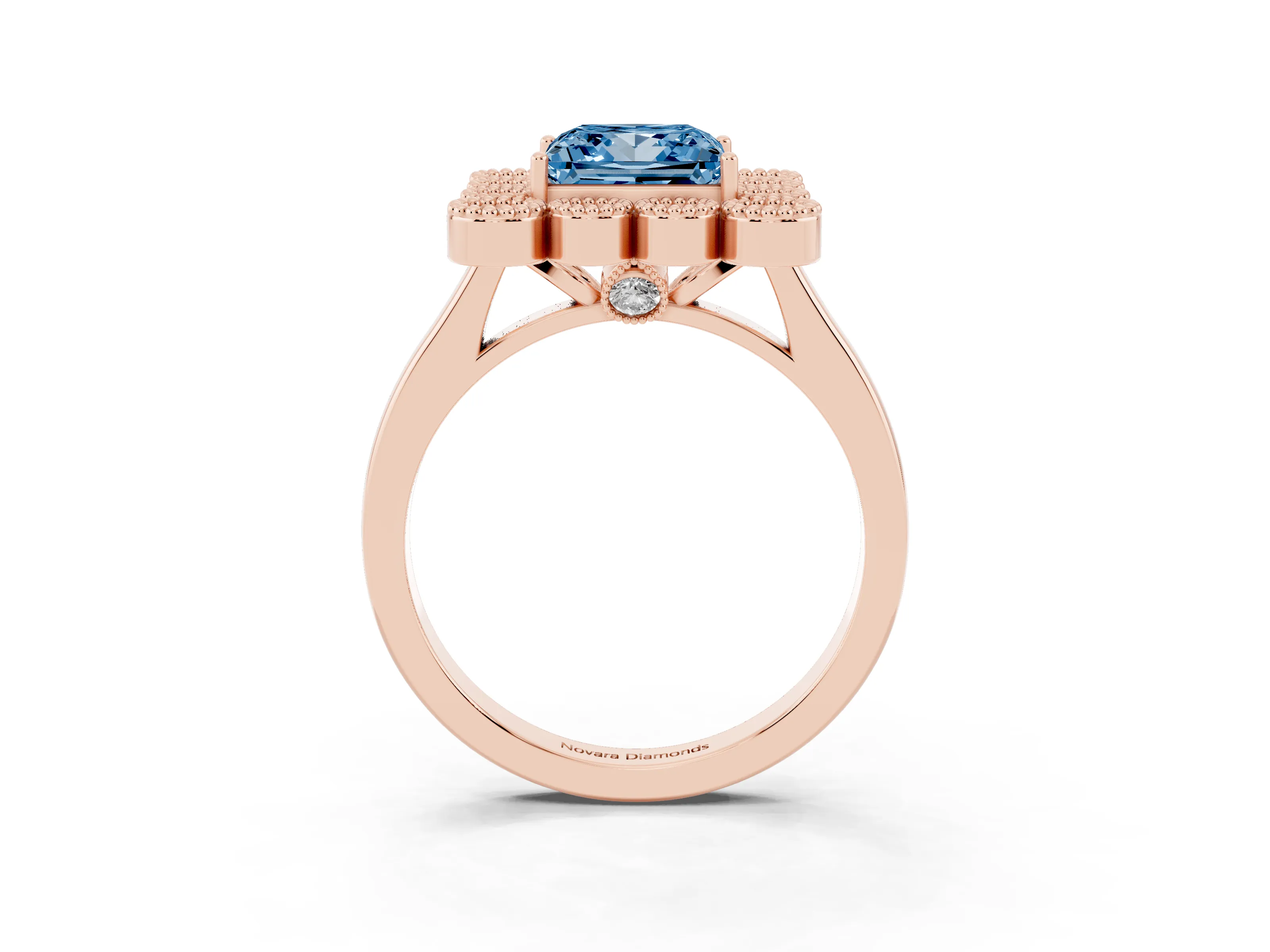 Fancy Blue Princess Cut Diamond Cluster Halo Ring Set in Rose gold with Milgrain Bezel Accents and Plain Band