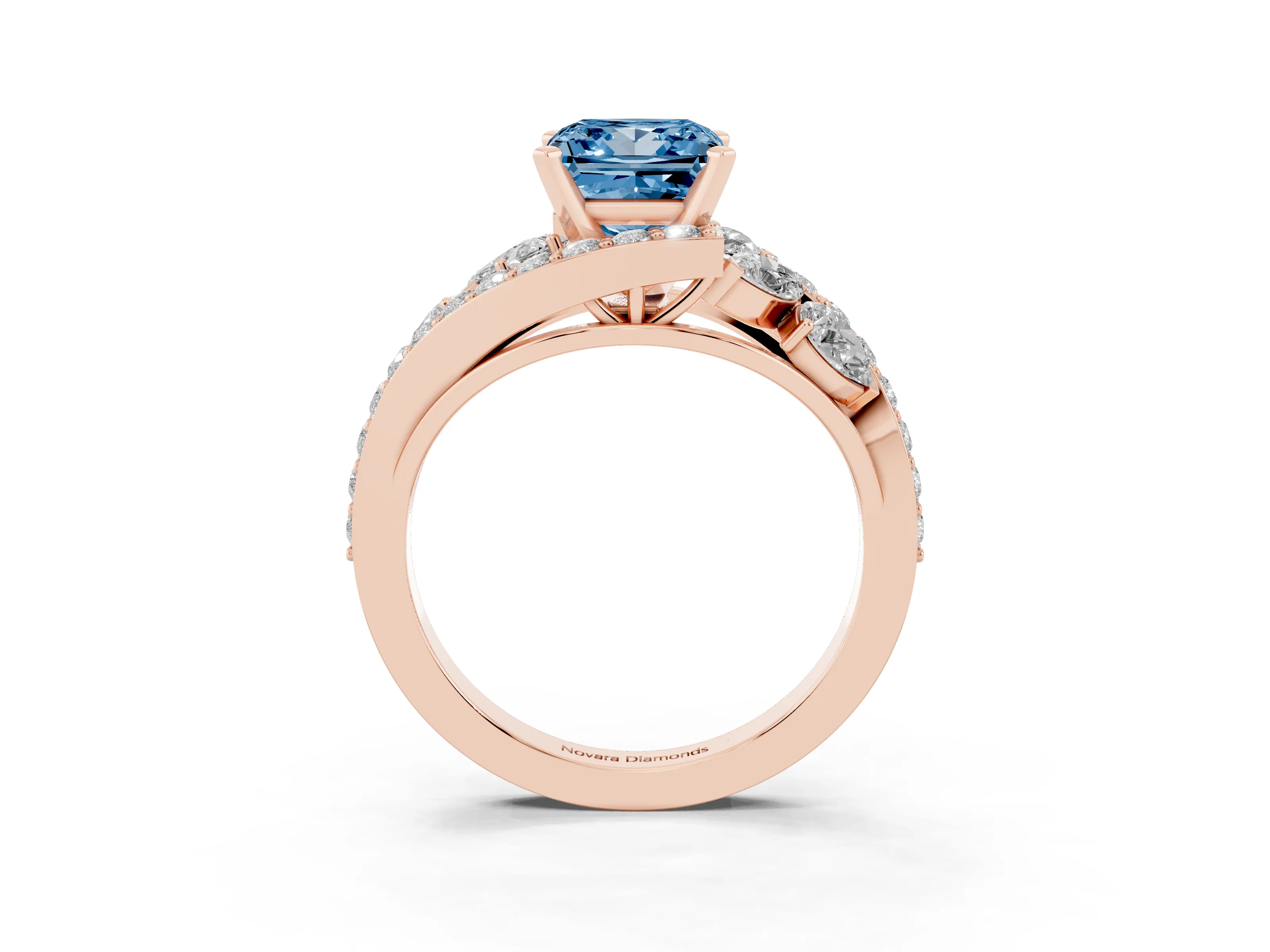 Fancy Blue Princess Cut Diamond Halo Ring Set in Rose gold with Marquise and Pavé Band in Prong Setting