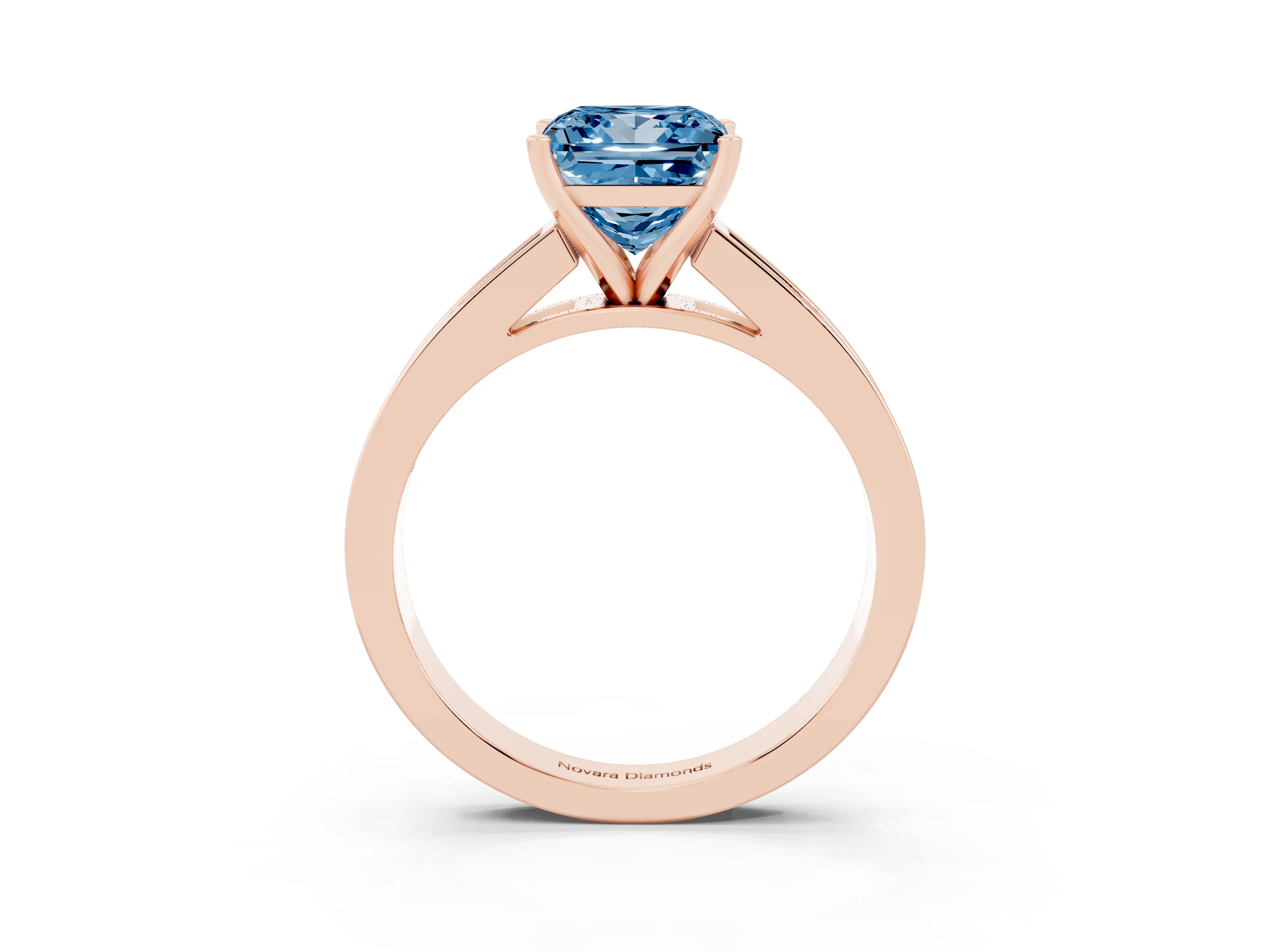 Fancy Blue Princess Cut Diamond Solitaire Ring Set in Rose gold with Channel-Set Band and Prong Setting