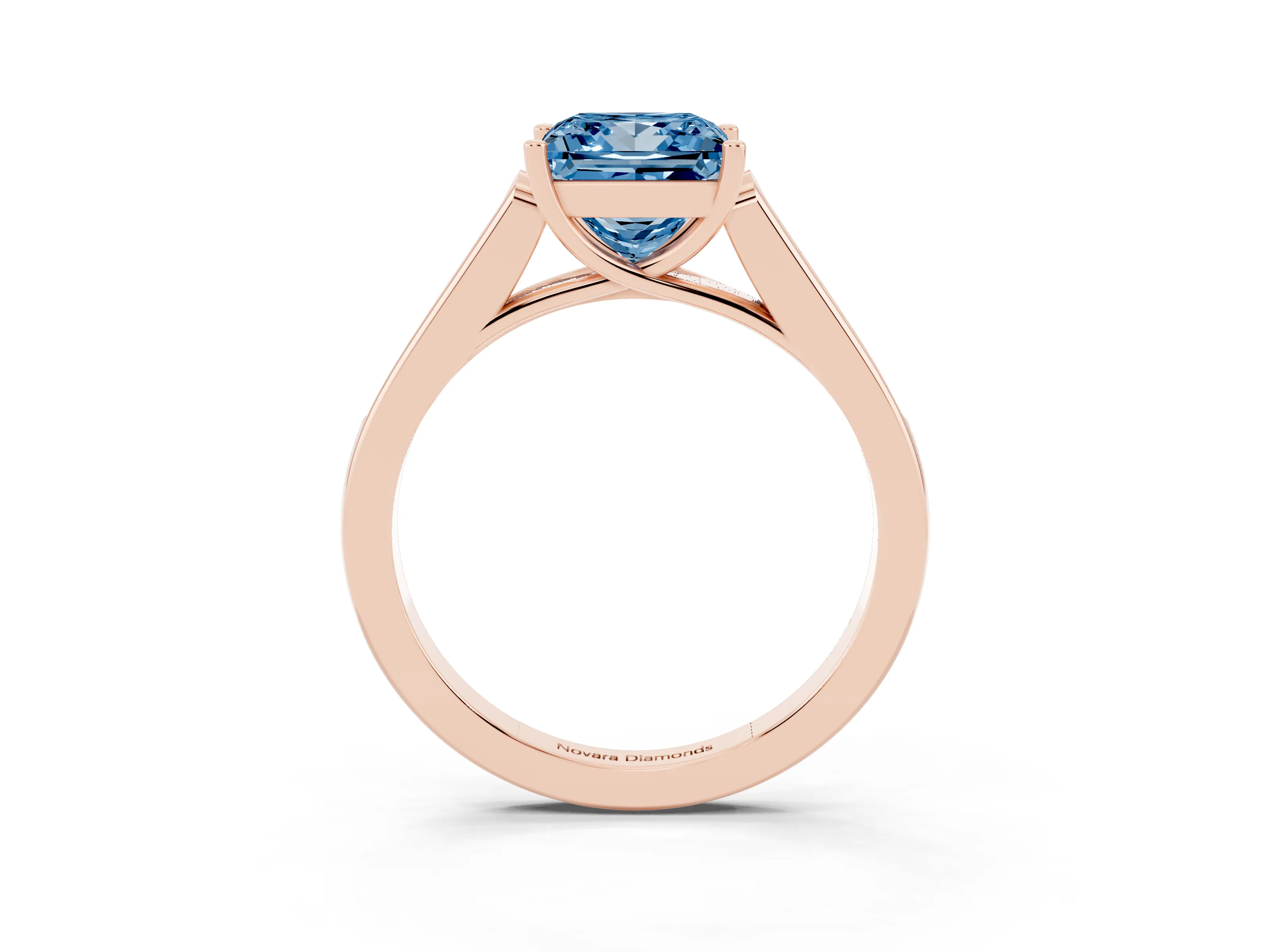 Fancy Blue Princess Cut Diamond Solitaire Cathedral Engagement Ring Set in Rose gold with Channel-Set Band and Prong Setting