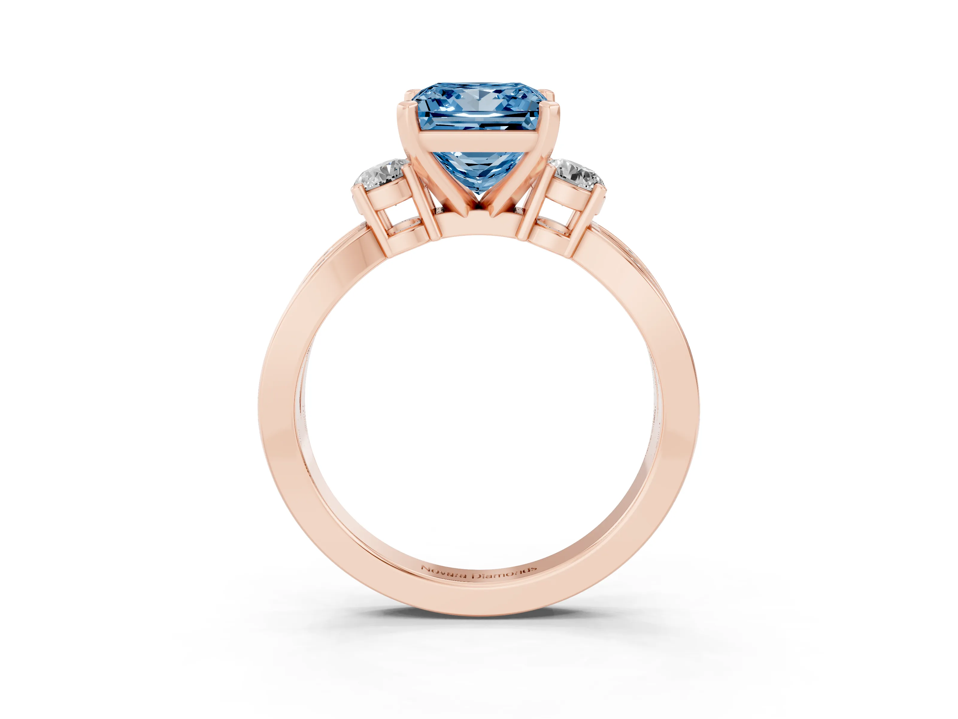 Fancy Blue Three-Stone Princess Cut Diamond Twist Band Ring Set in Rose gold with Pavé Accents and Prong Setting