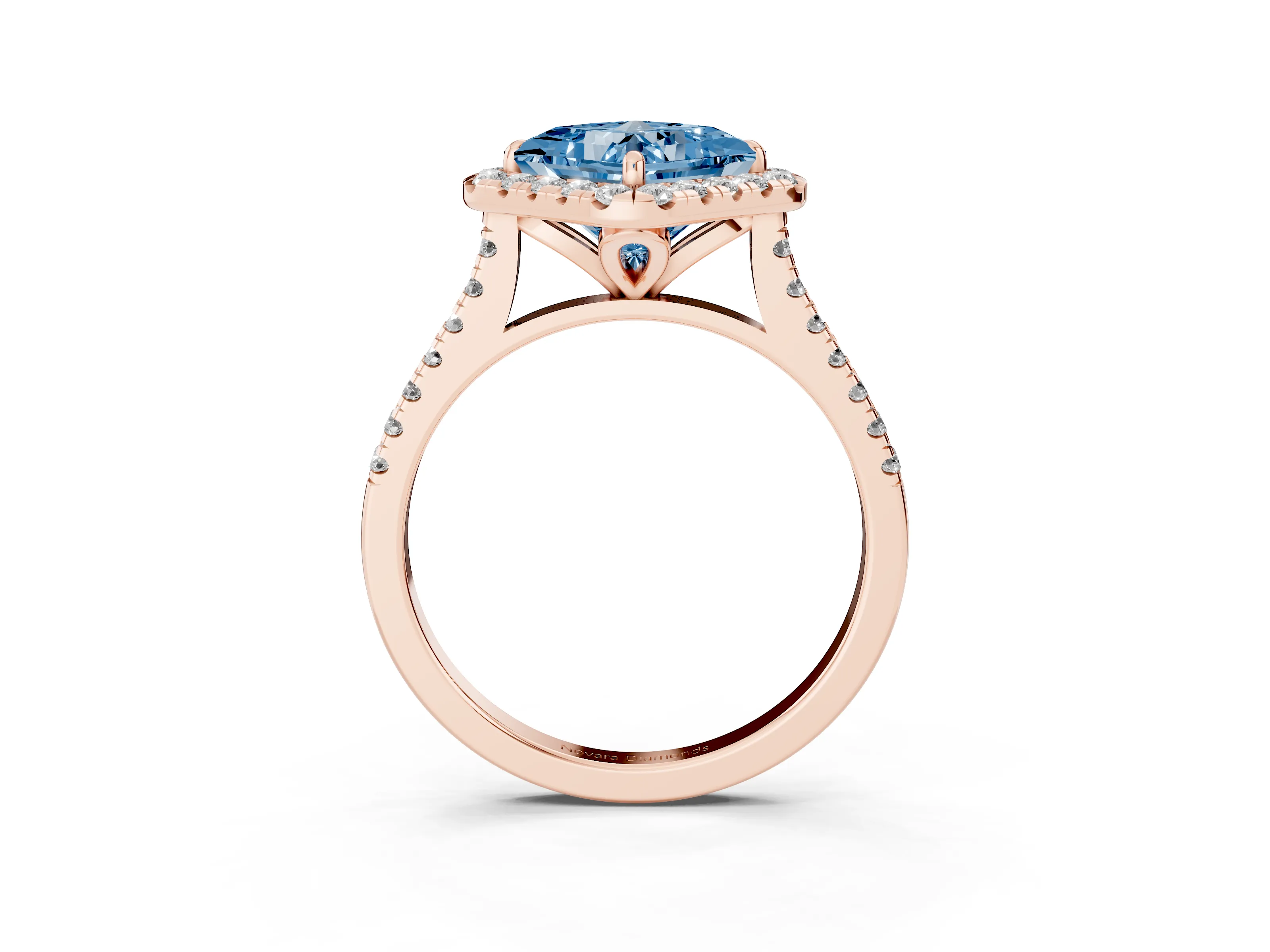 Fancy Blue Princess Cut Diamond Cushion Halo Ring Set in Rose gold with Pavé Band