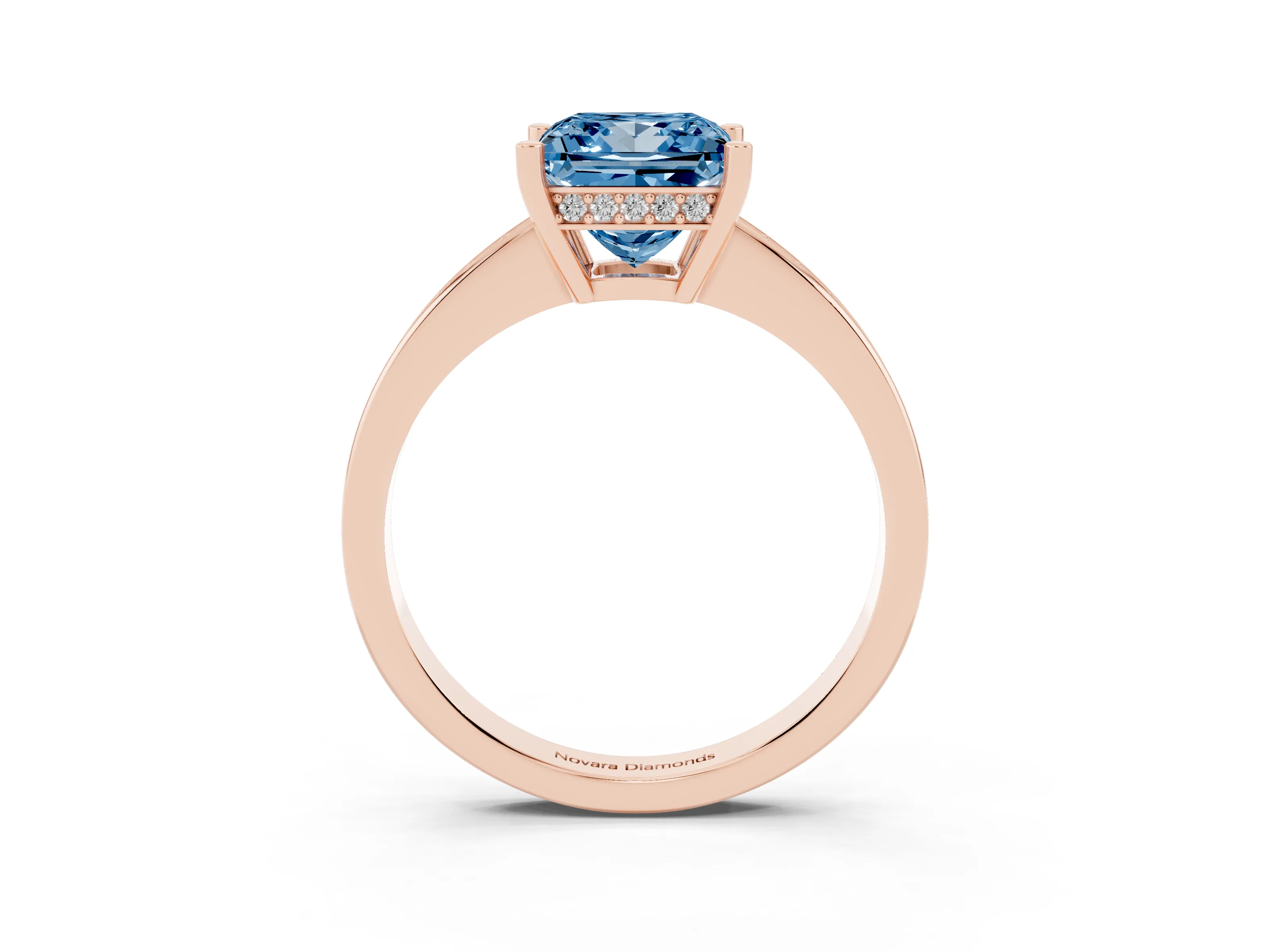 Fancy Blue Princess Cut Diamond Pavé Band Prong Set Solitaire Ring Set in Rose gold
