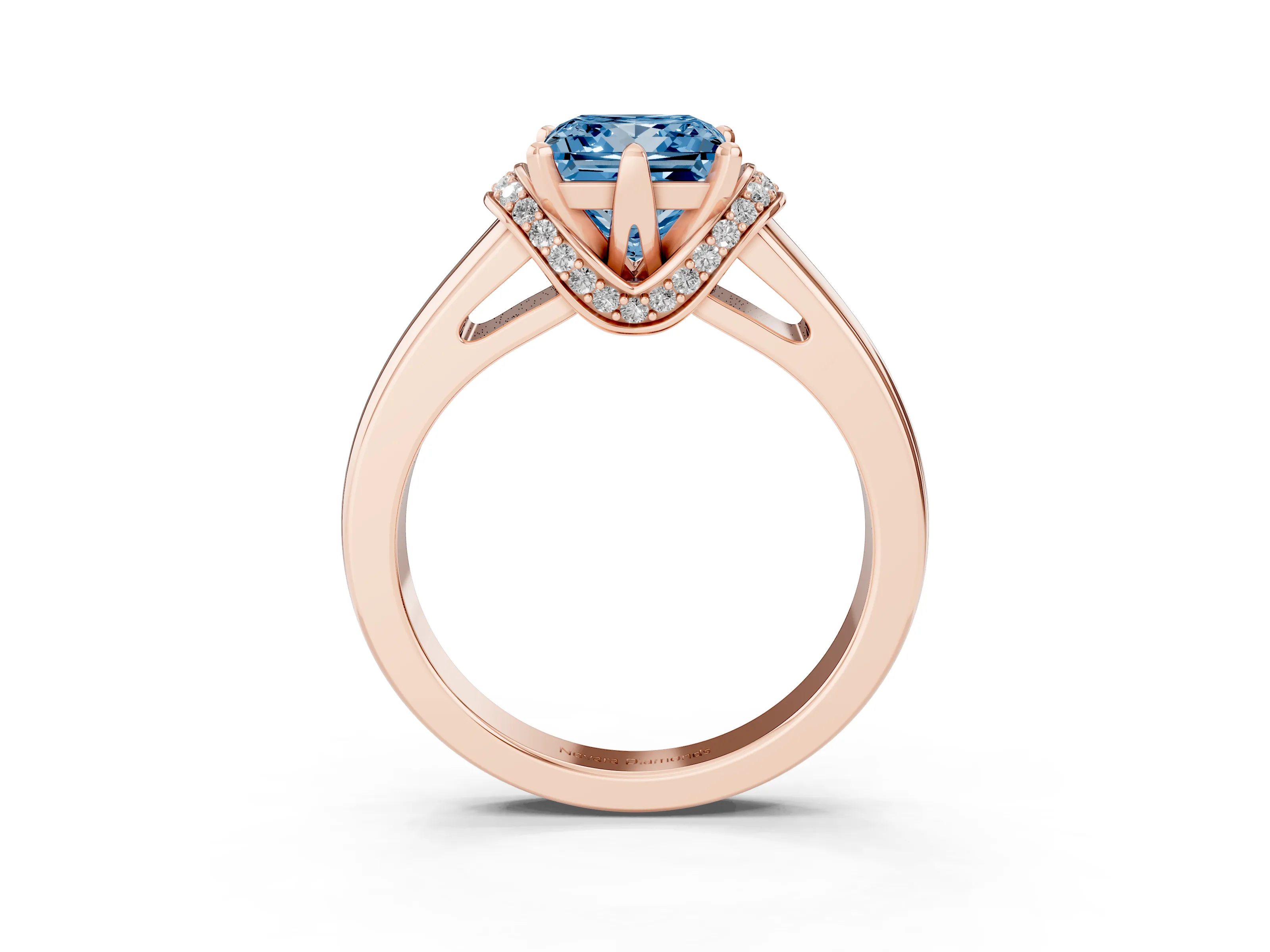 Fancy Blue Princess Cut Diamond Pavé Band Solitaire Ring Set in Rose gold with Prong Setting