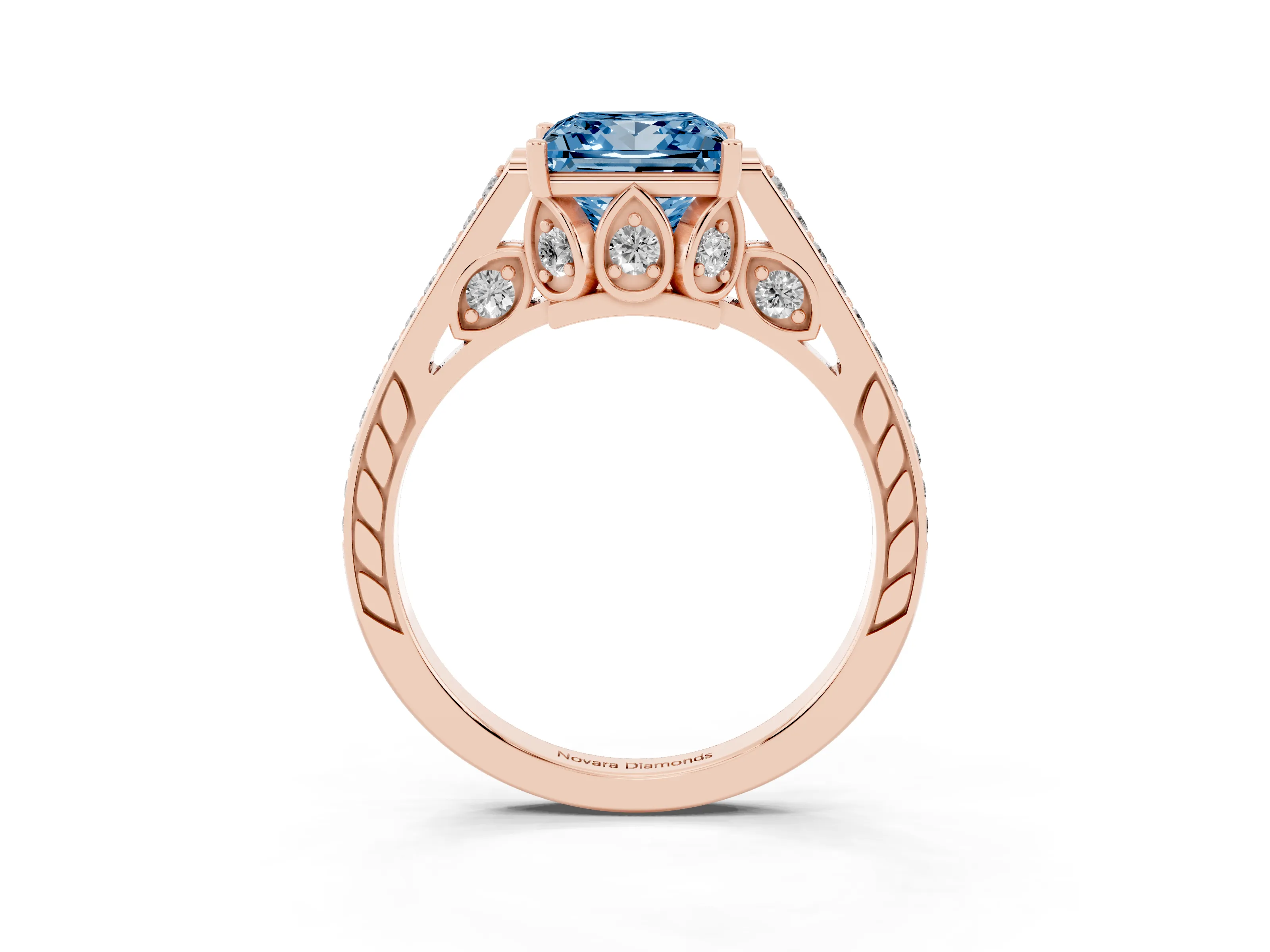 Fancy Blue Princess Cut Diamond Cathedral Pavé Engagement Ring Set in Rose gold with Prong Setting