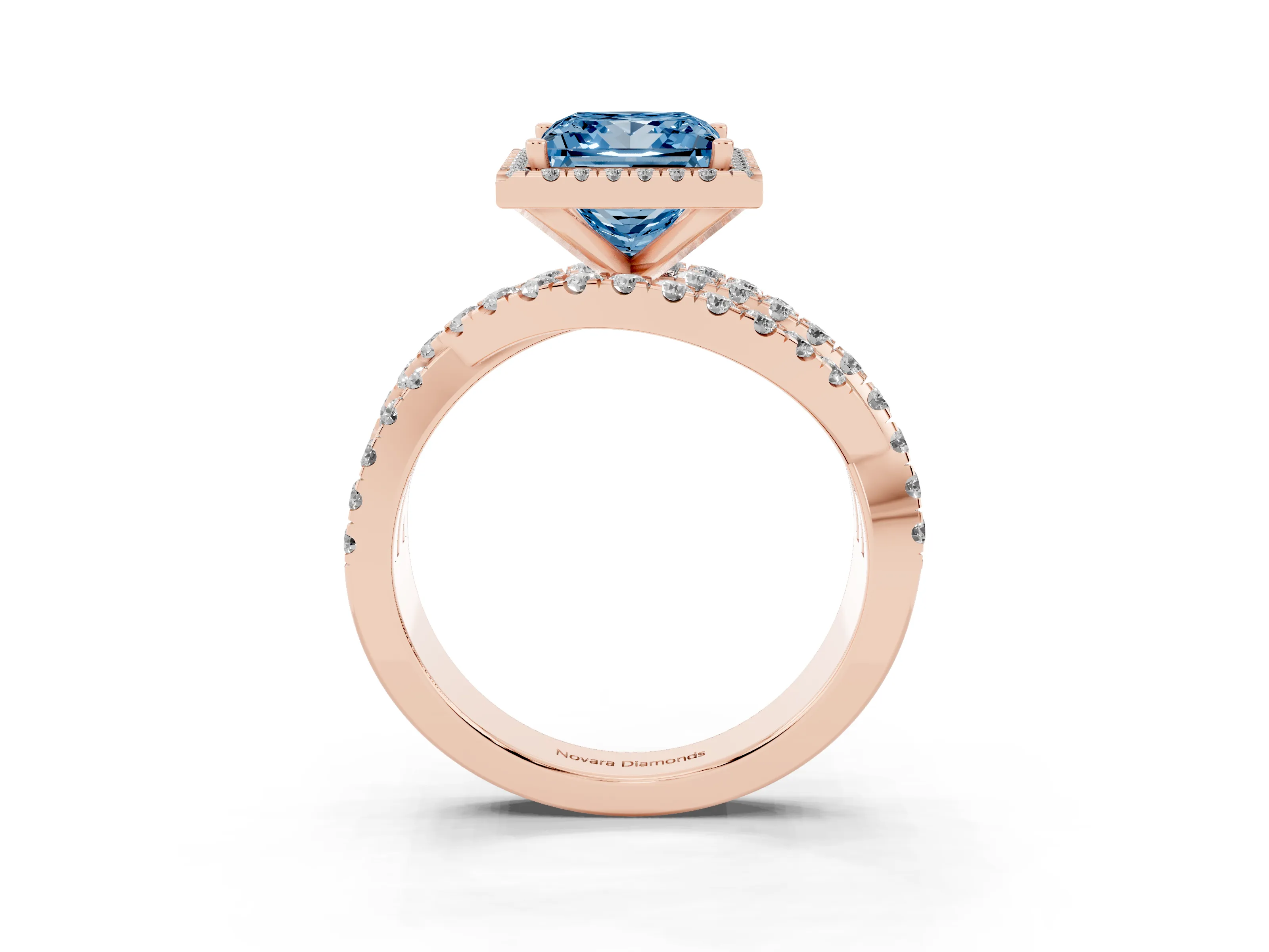 Fancy Blue Princess Cut Diamond Halo Ring Set in Rose gold with Round Crossover Split Shank and Prong Setting