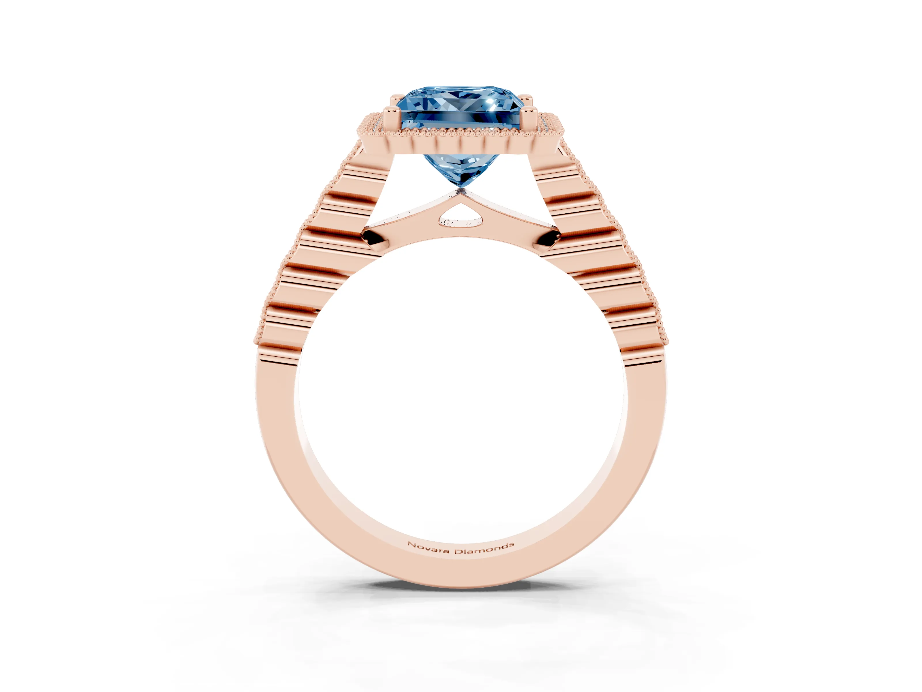 Fancy Blue Princess Cut Diamond Halo Ring Set in Rose gold with Pavé Milgrain Band