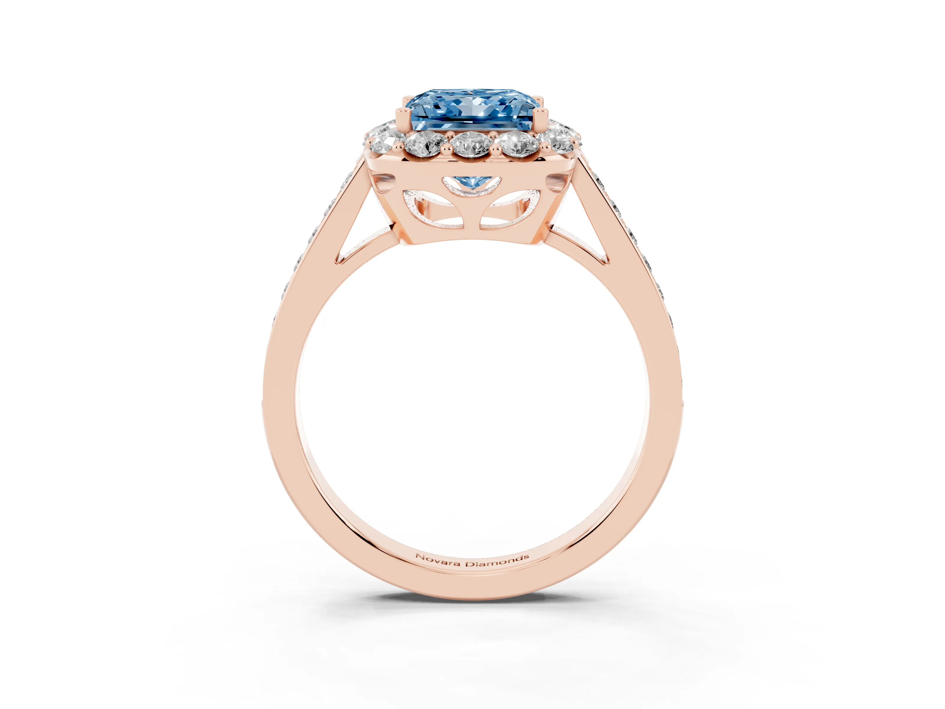 Fancy Blue Princess Cut Diamond Floral Halo Ring Set in Rose gold with Pavé Band and Prong Setting