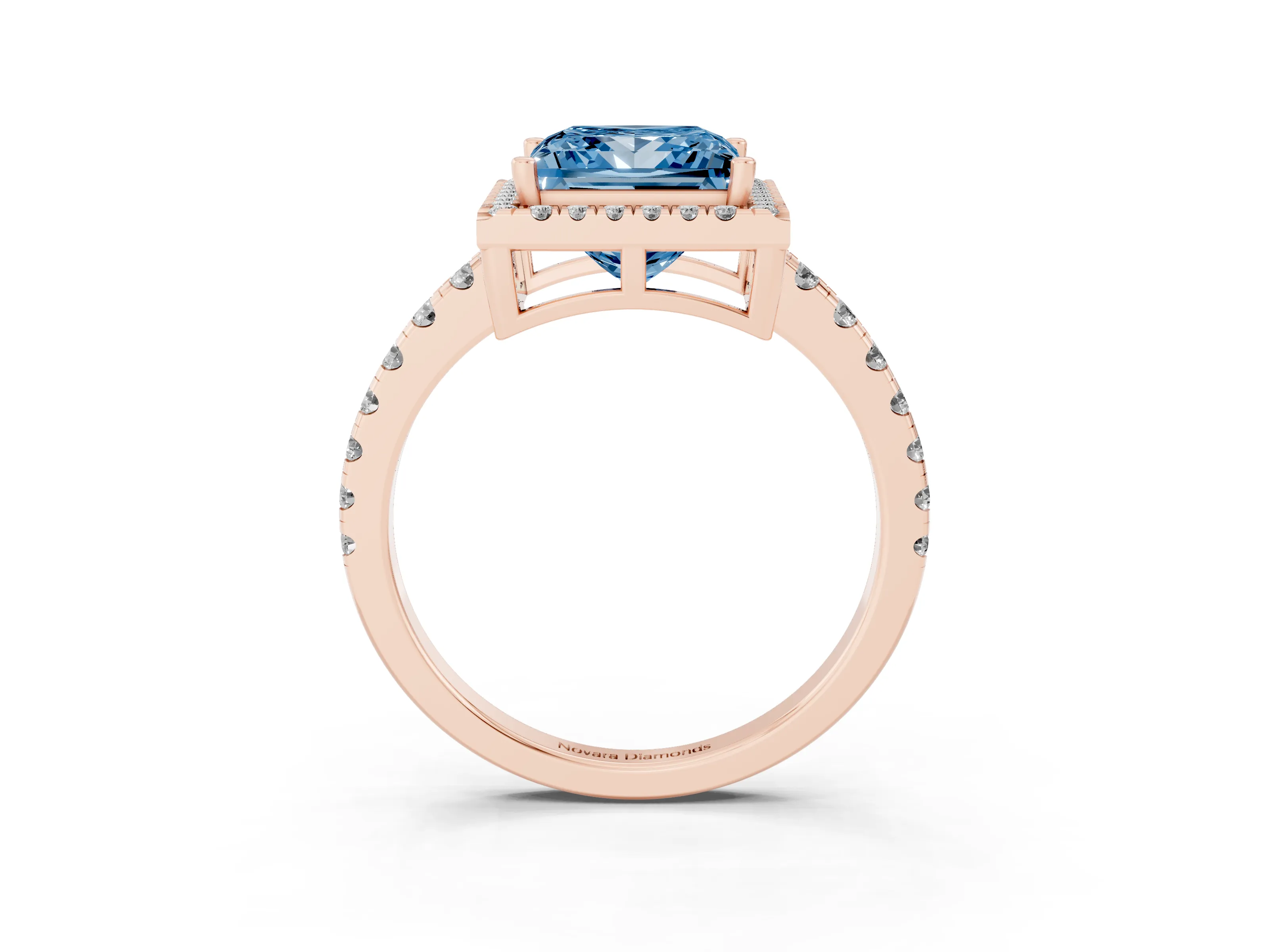 Fancy Blue Princess Cut Diamond Halo Ring Set in Rose gold with Delicate Pavé Band and Prong Setting