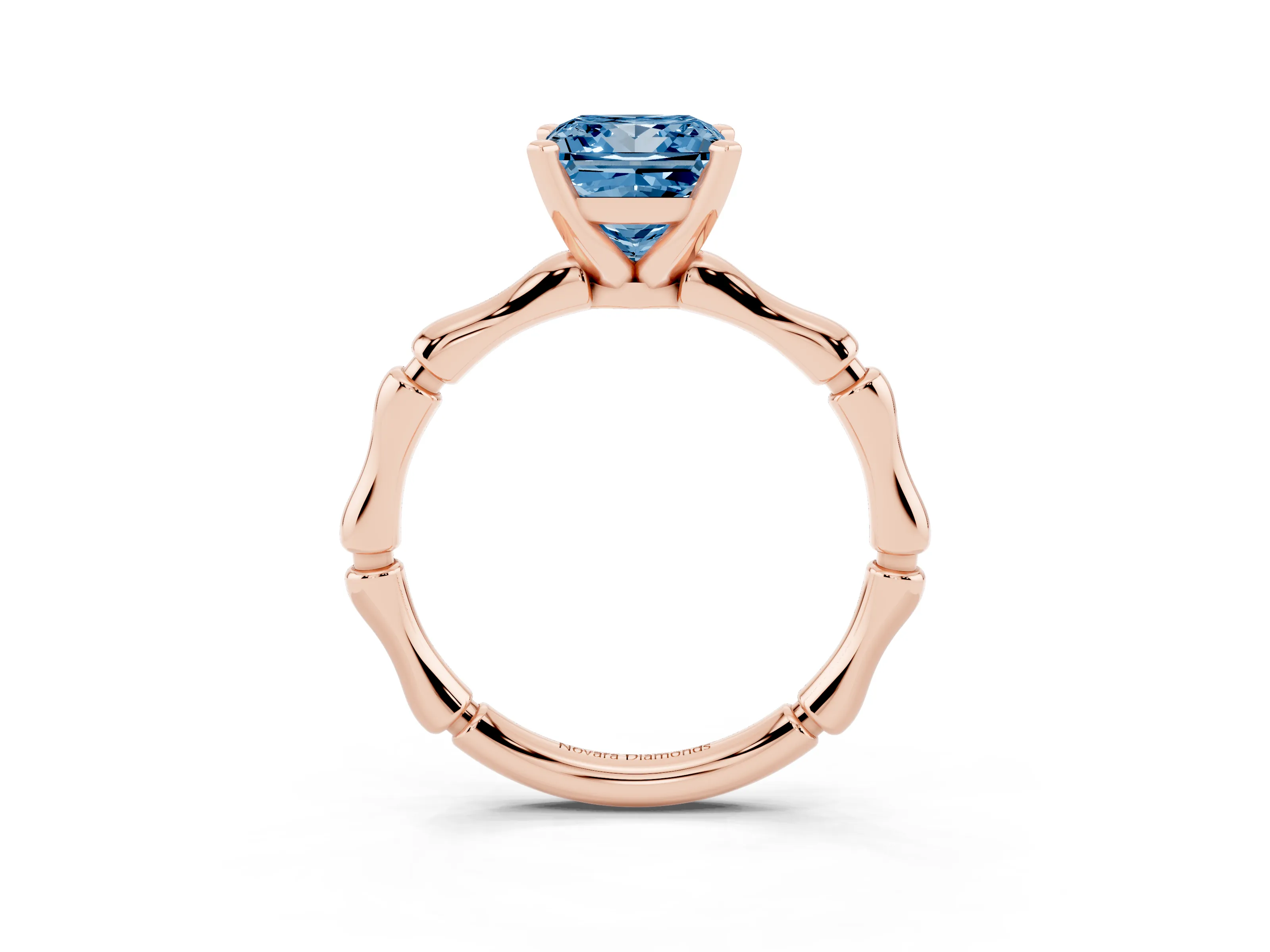Fancy Blue Princess Cut Diamond Solitaire Ring Set in Rose gold with Bamboo Band and Prong Setting