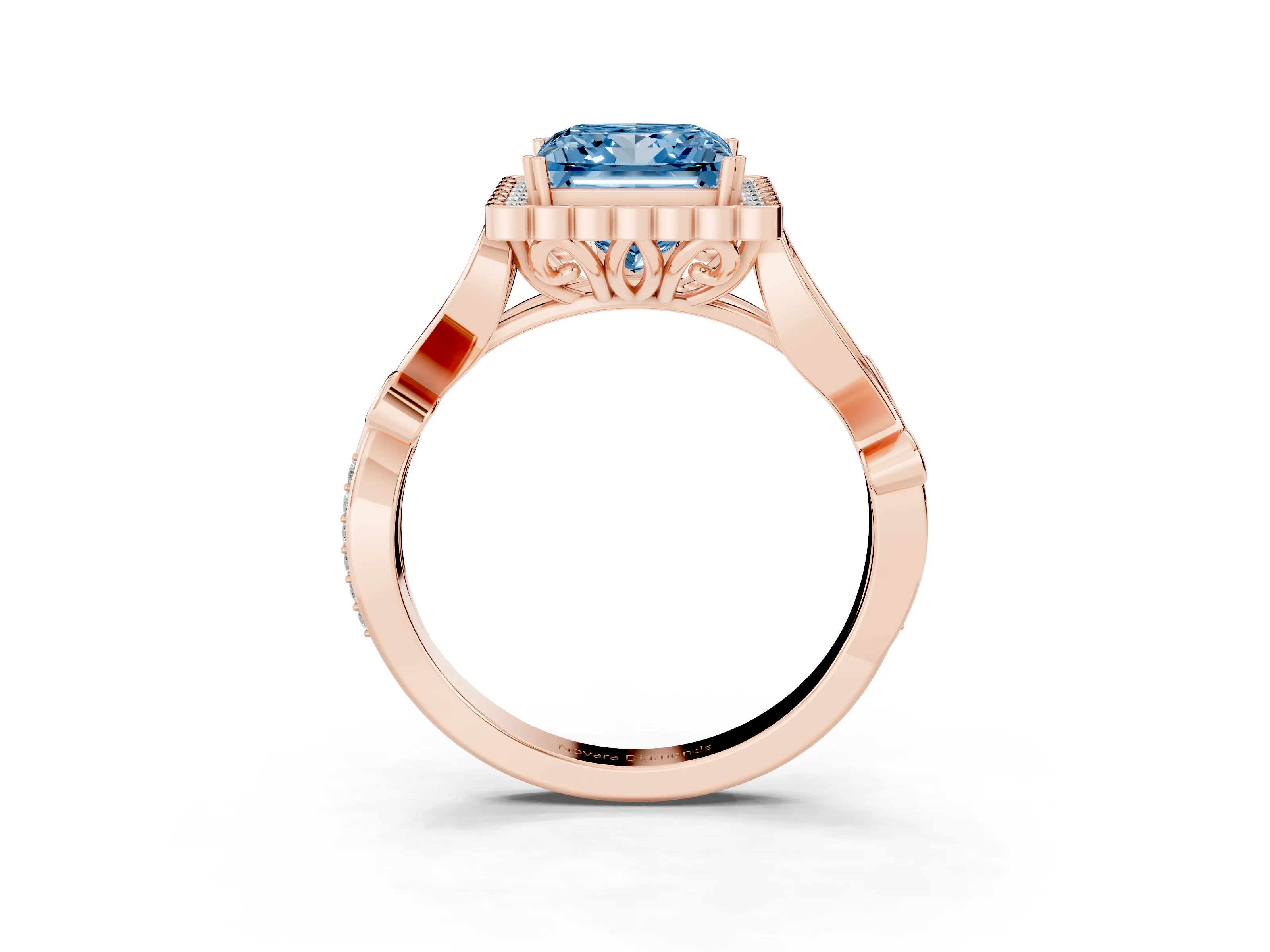 Fancy Blue Princess Cut Diamond Halo Ring Set in Rose gold with Leaf Motif Split Shank and Prong Setting