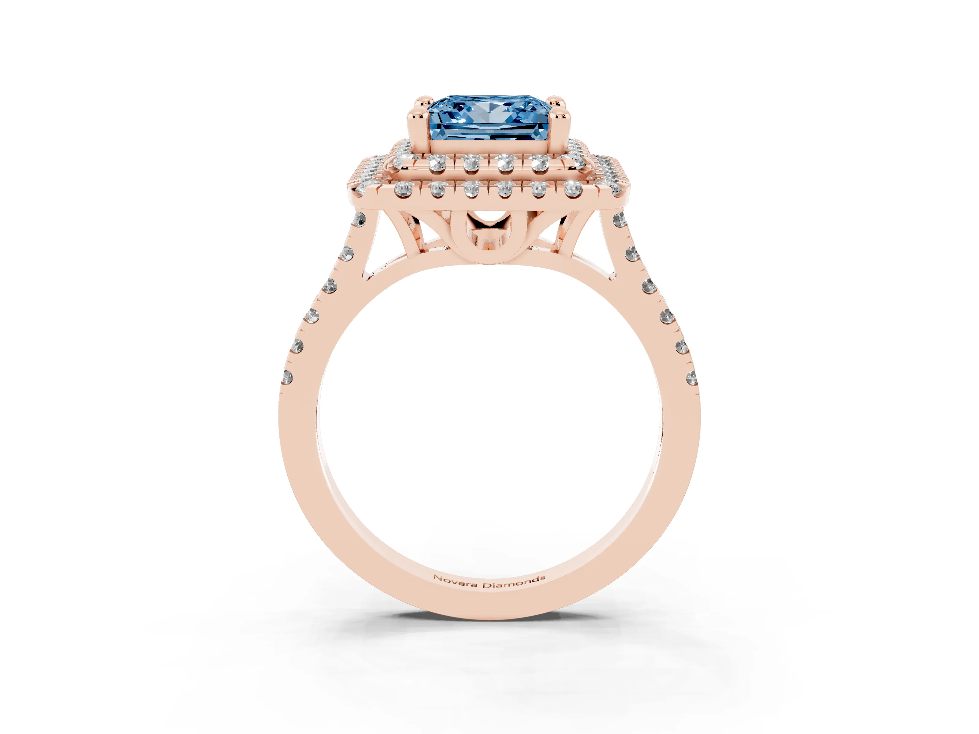 Fancy Blue Princess Cut Diamond Double Halo Statement Ring Set in Rose gold with Pavé Band