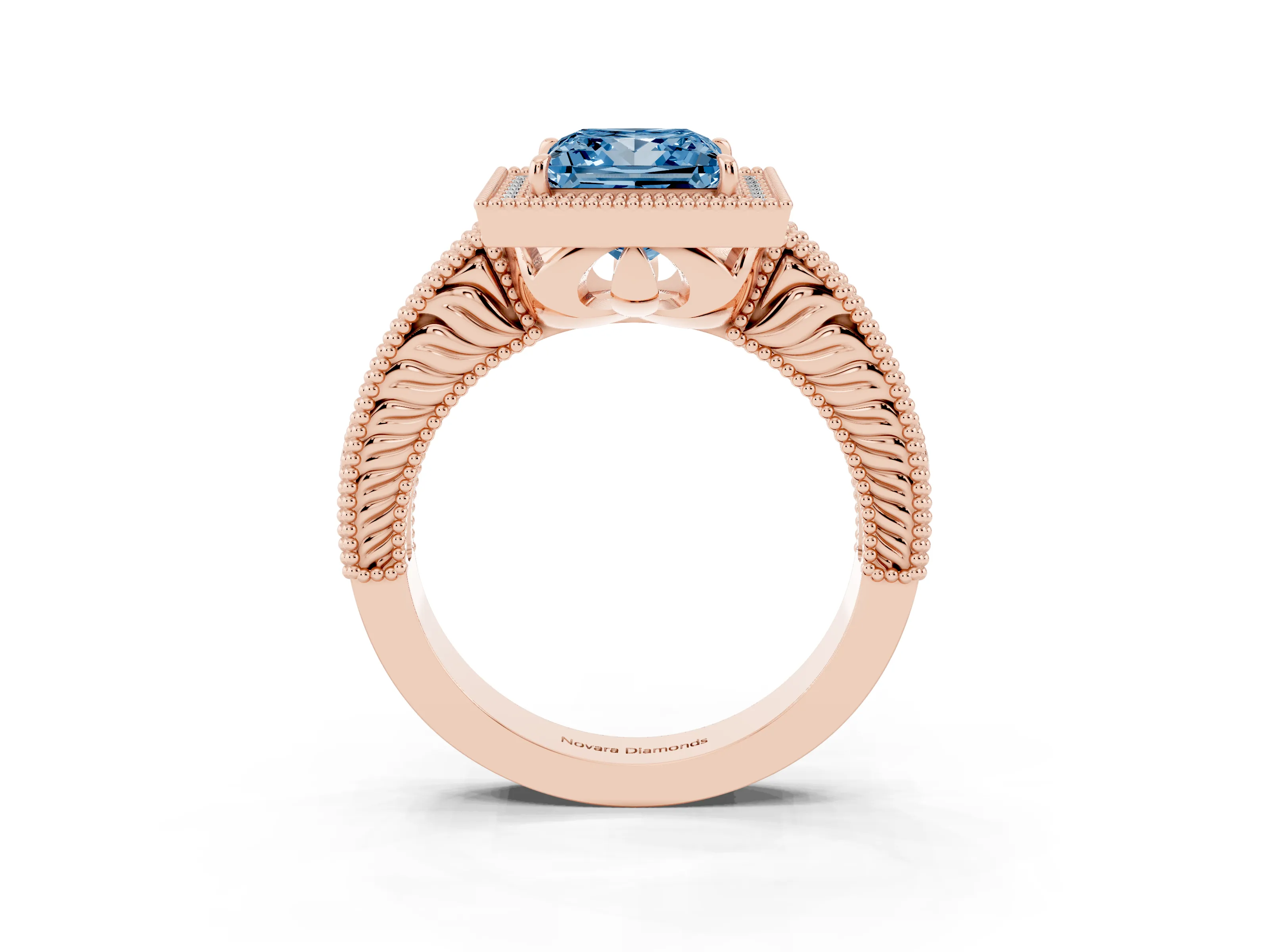 Fancy Blue Princess Cut Diamond Halo Ring Set in Rose gold with Round Accent Halo, Pavé Band and Prong Setting