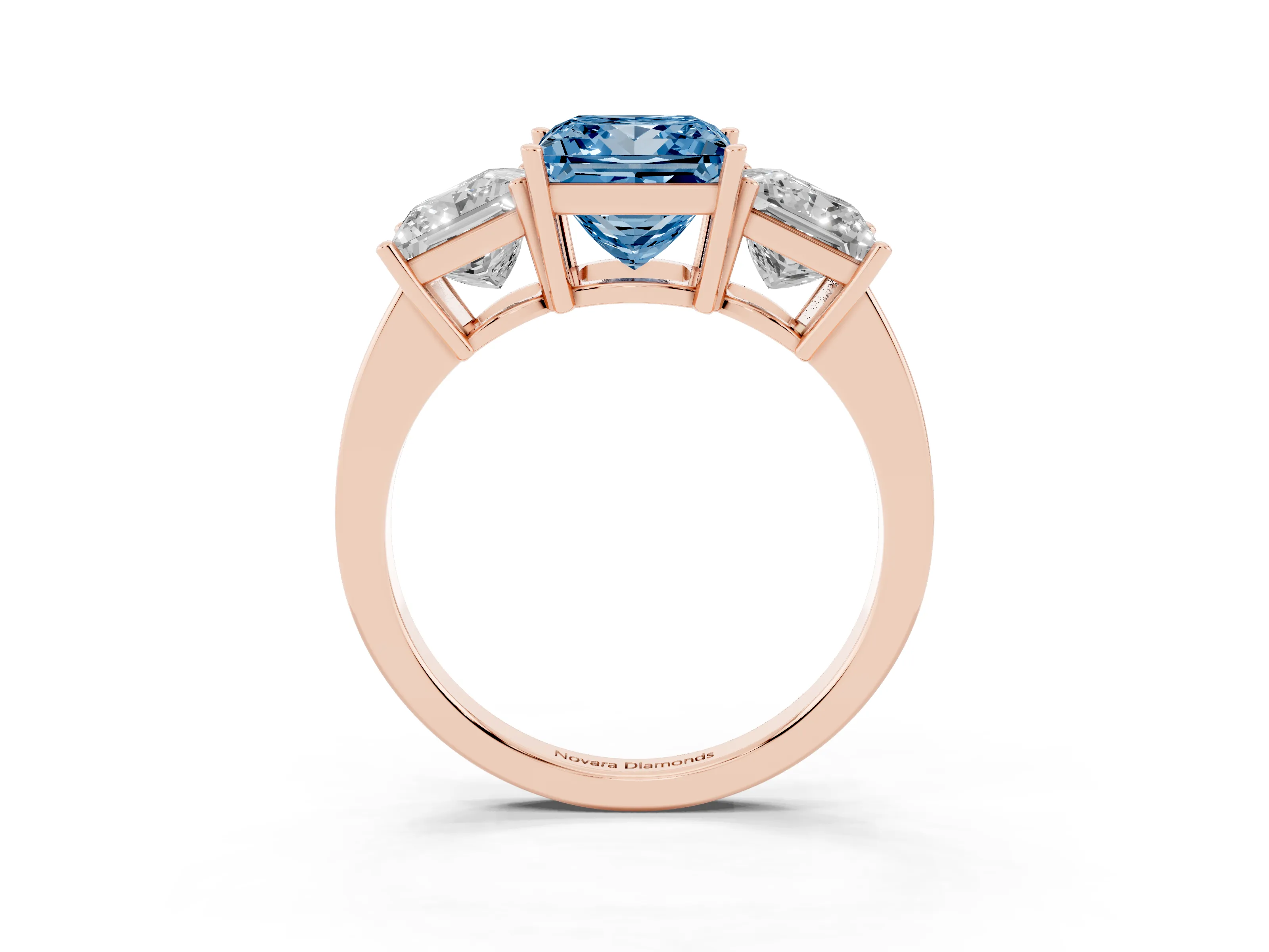 Fancy Blue Princess Cut Diamond Three-Stone Engagement Ring Set in Rose gold with Flat Band