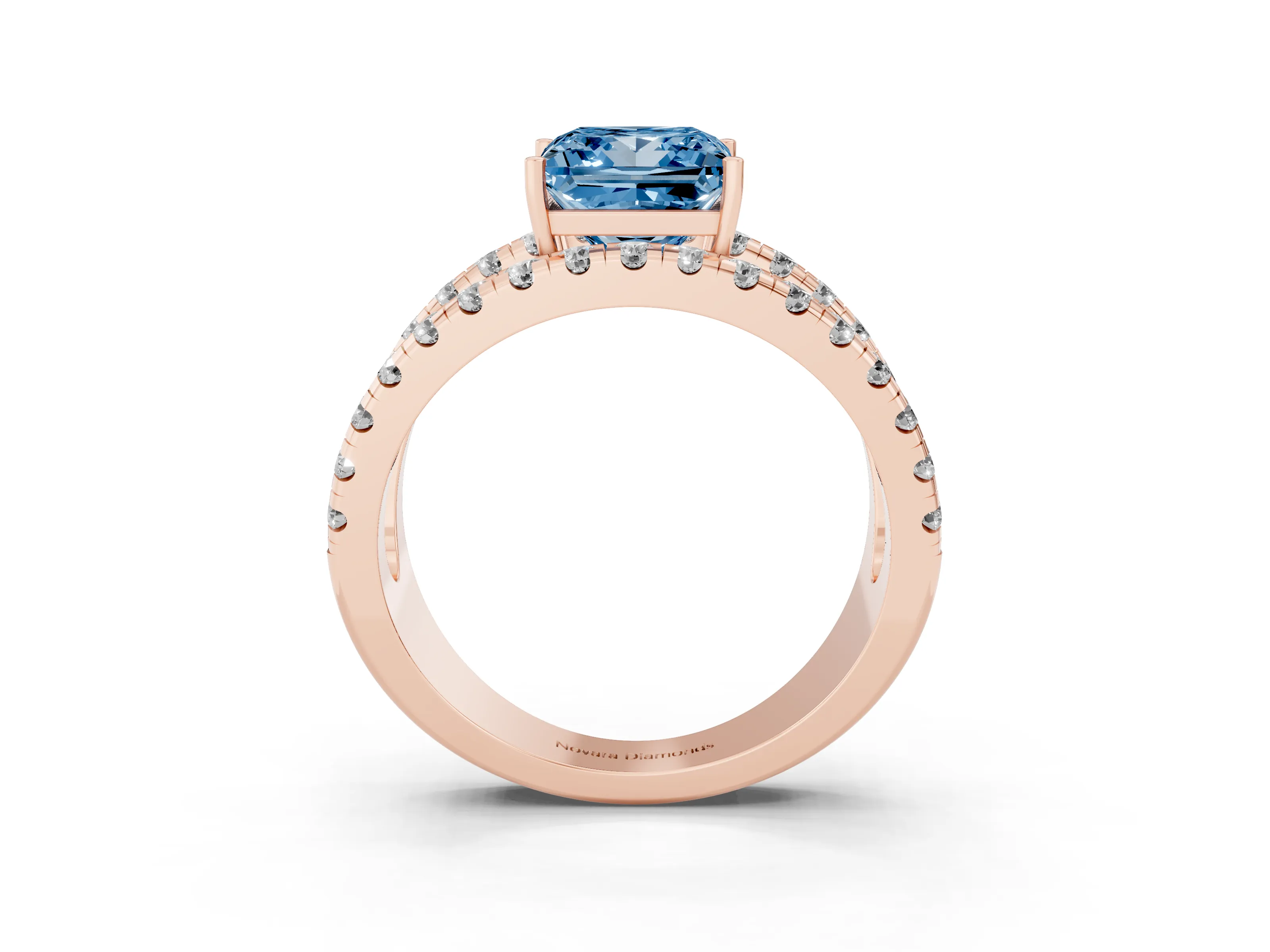 Fancy Blue Princess Cut Diamond Split Shank Pavé Solitaire Ring Set in Rose gold with Open Shank Design