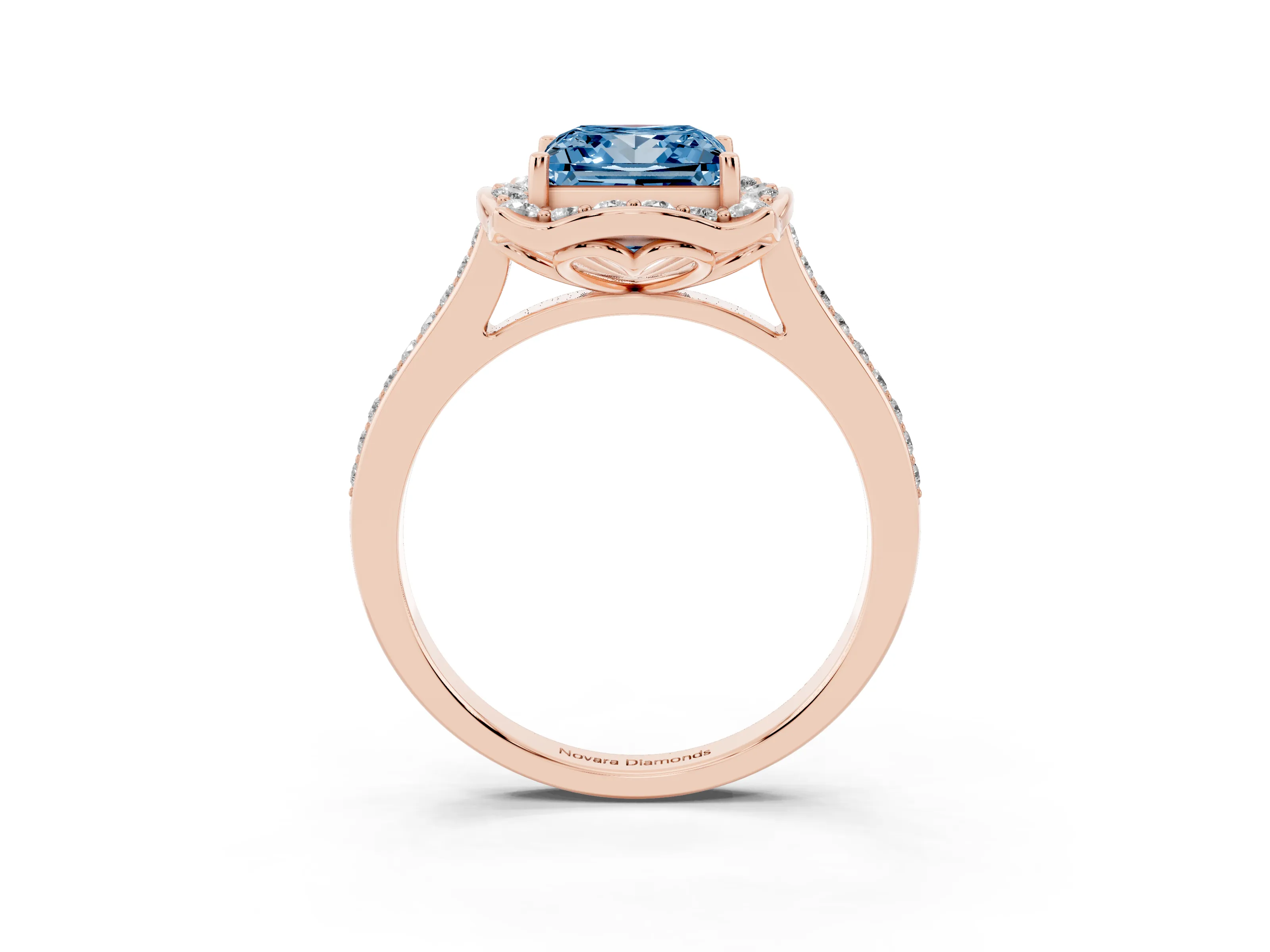 Fancy Blue Princess Cut Diamond Halo Ring Set in Rose gold with Pavé-Lined Shoulders and Prong Setting