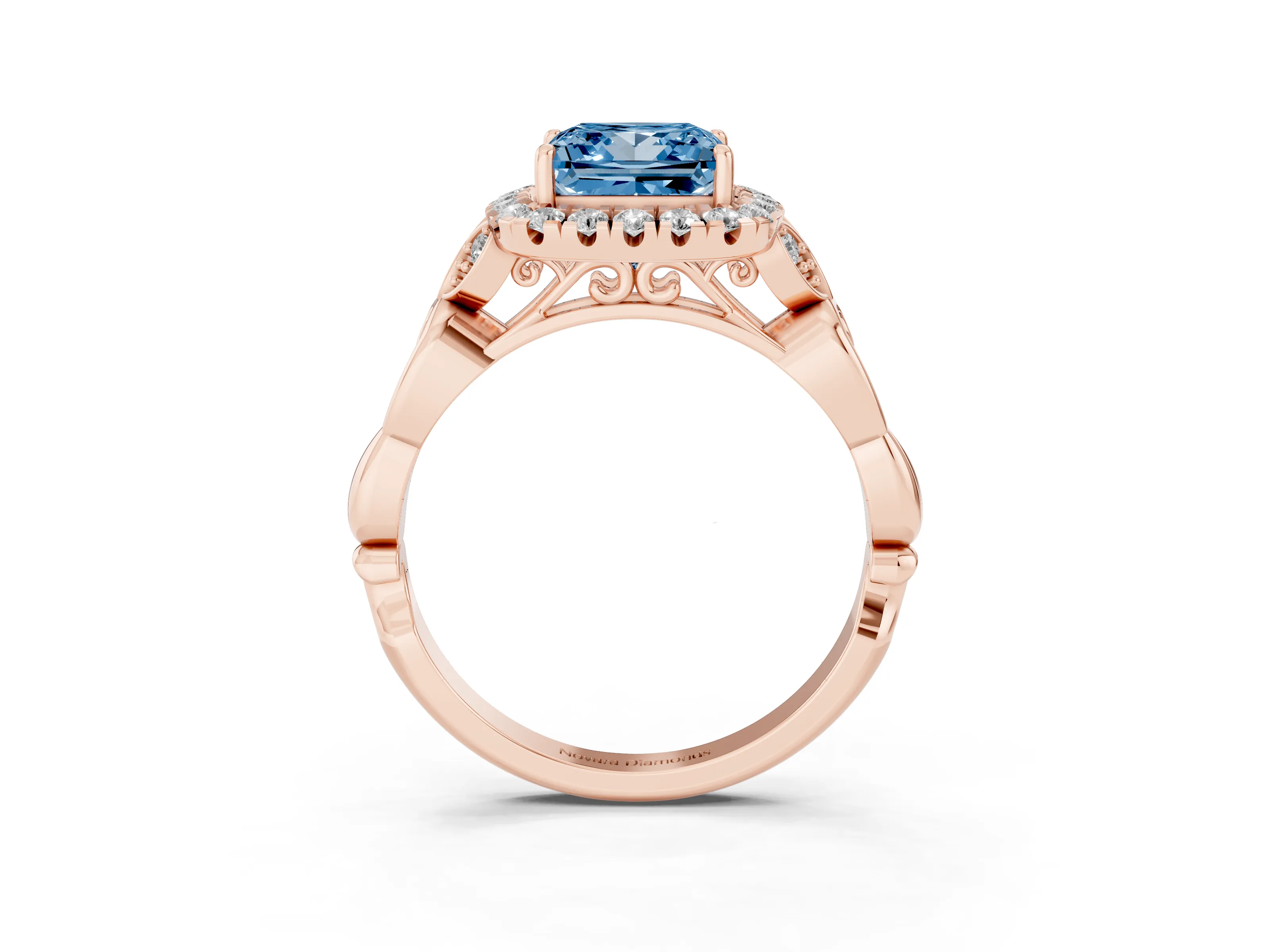 Fancy Blue Princess Cut Diamond Halo Engagement Ring Set in Rose gold with Vintage-Inspired Band and Prong Setting