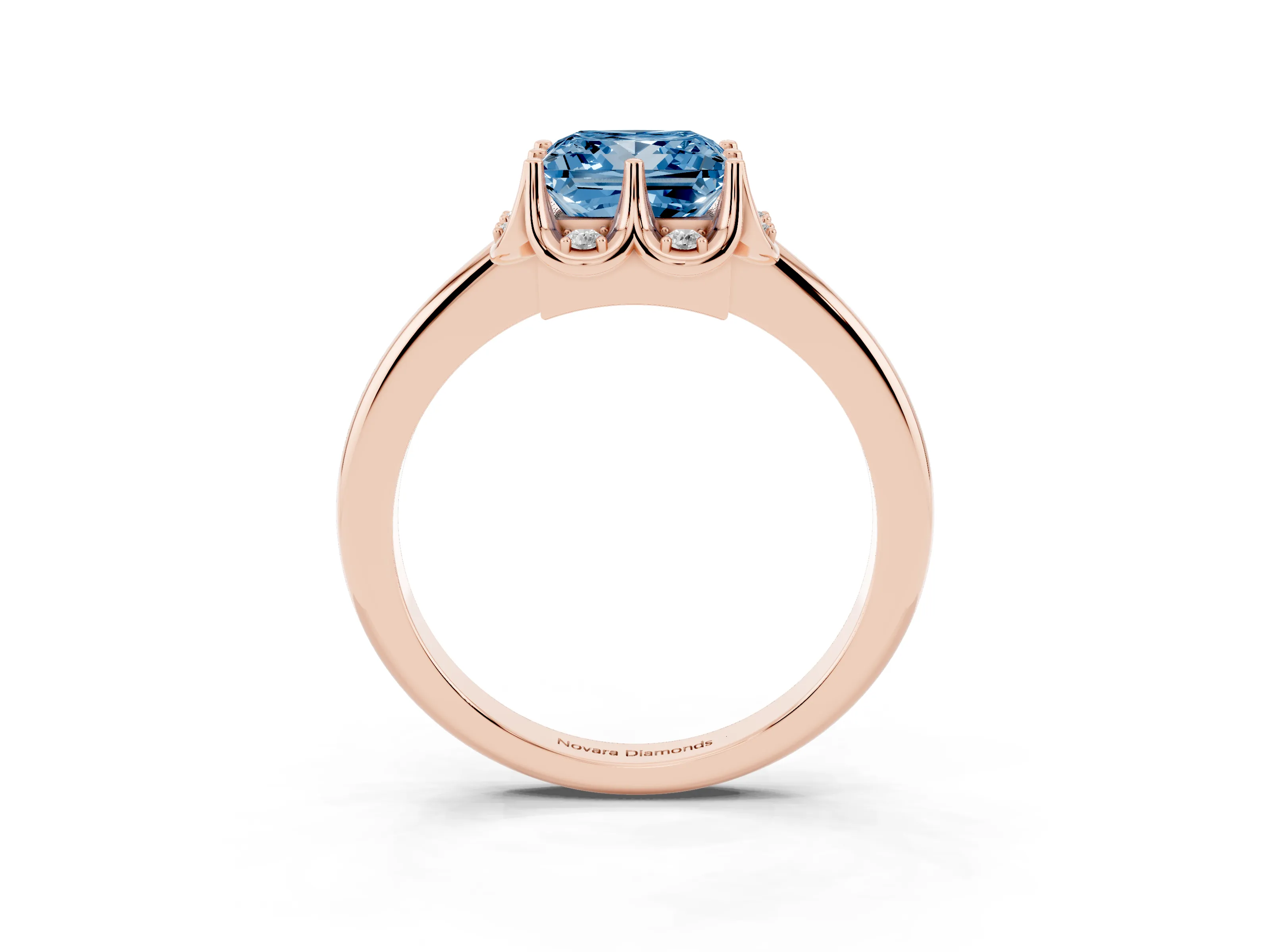 Fancy Blue Princess Cut Diamond Round Cluster Halo Ring Set in Rose gold with Solitaire Band and Prong Setting