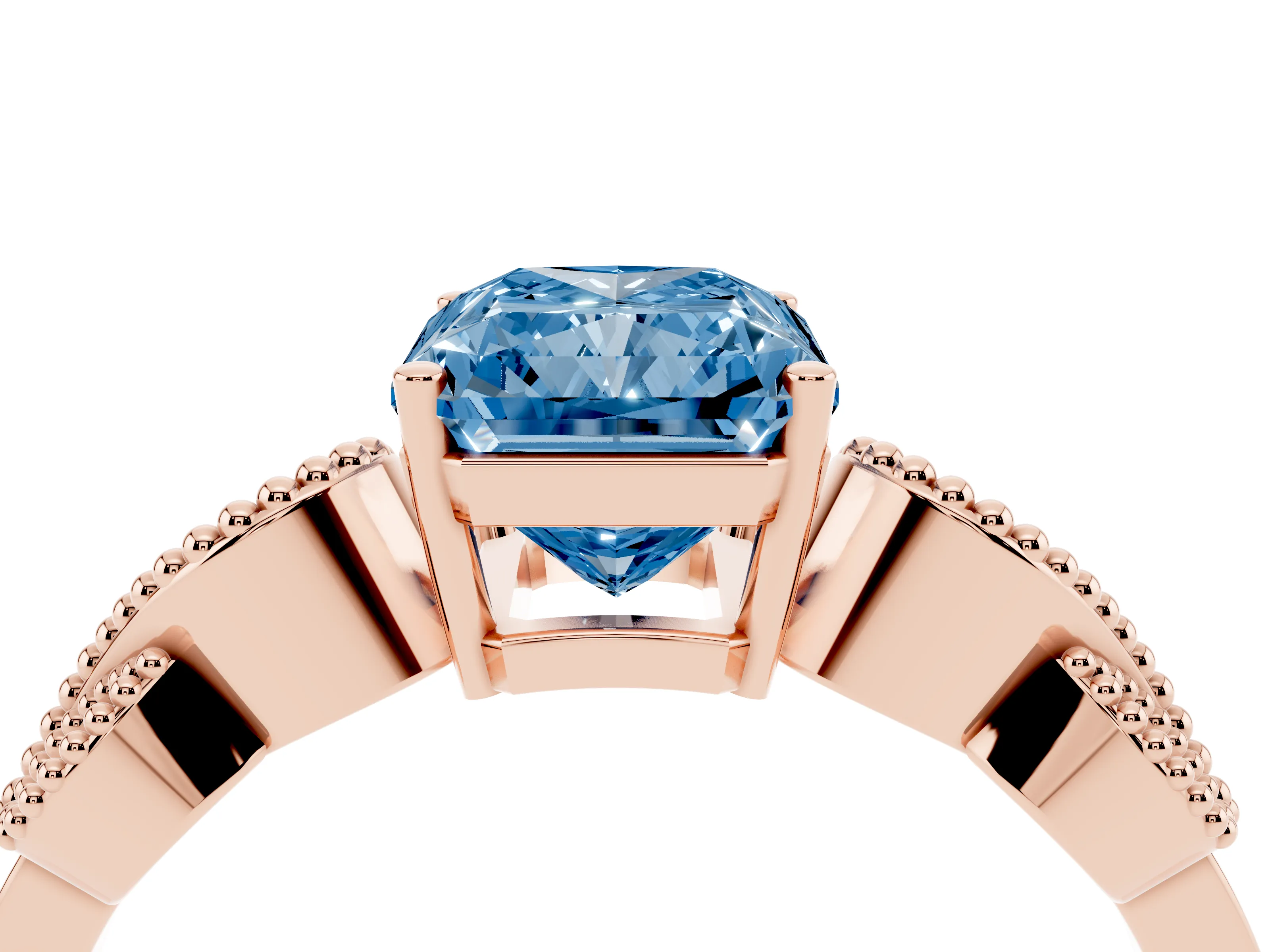Fancy Blue Princess Cut Diamond Milgrain Leaf Band Solitaire Ring Set in Rose gold with Accent Stones and Prong Setting