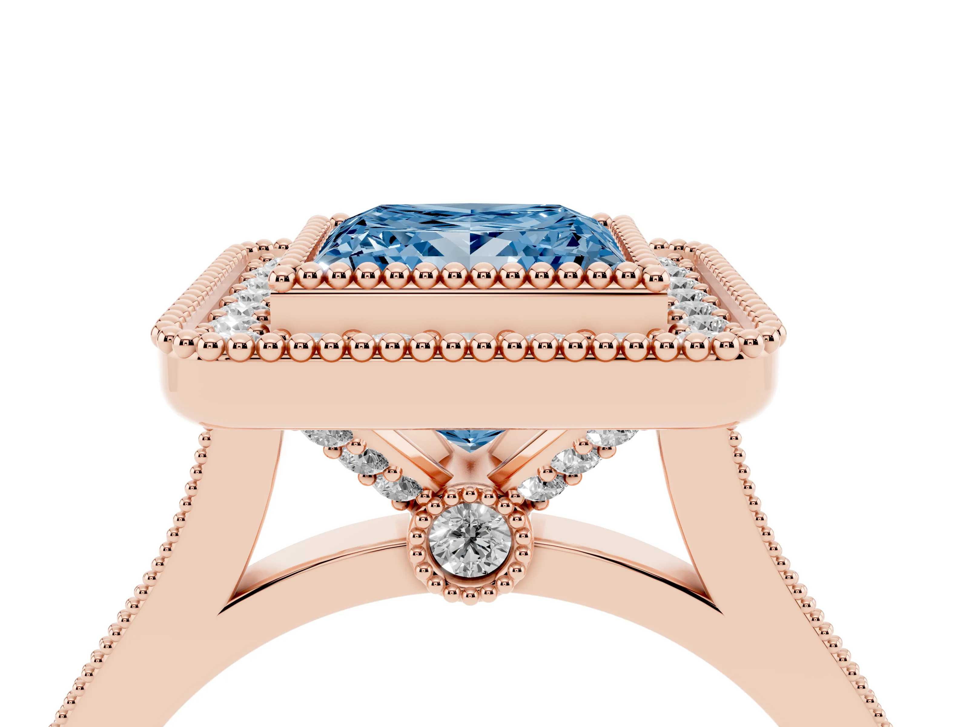 Fancy Blue Princess Cut Diamond Halo Ring Set in Rose gold with Milgrain Frame and Pavé Band