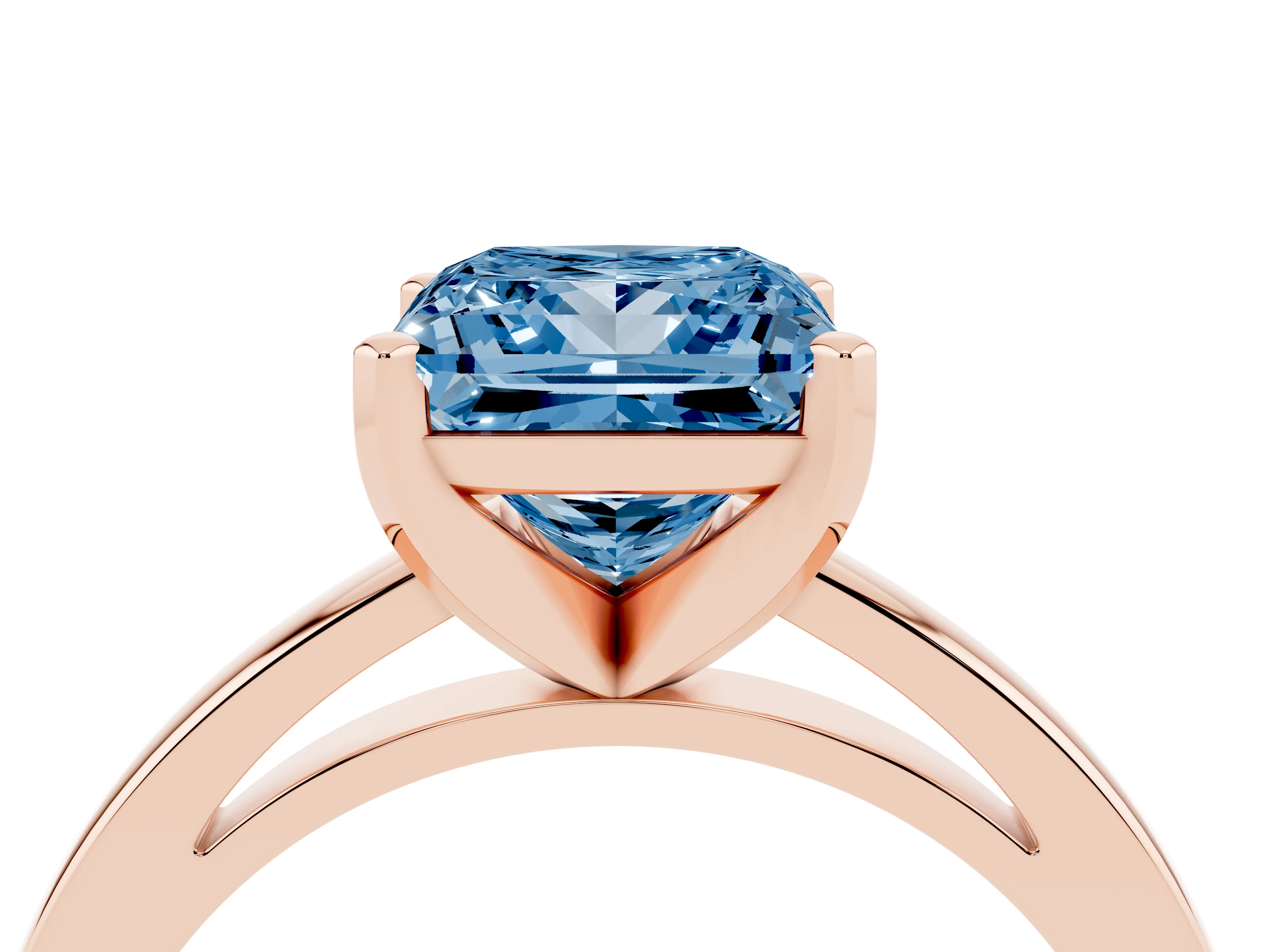 Fancy Blue Princess Cut Diamond Solitaire Engagement Ring Set in Rose gold with Prong Setting on a Classic Band