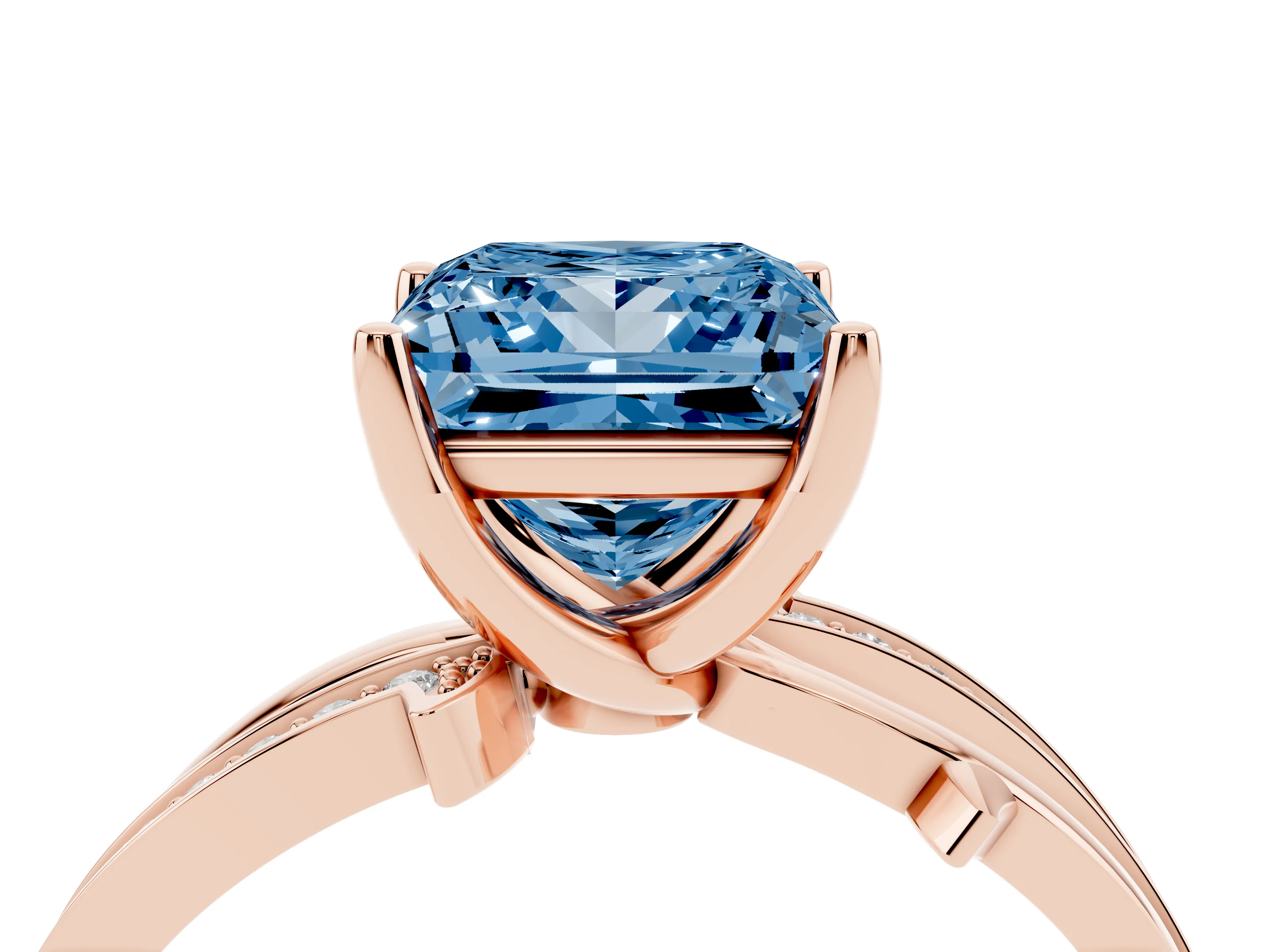 Fancy Blue Princess Cut Diamond Pavé Twist Band Solitaire Ring Set in Rose gold with Prong Setting