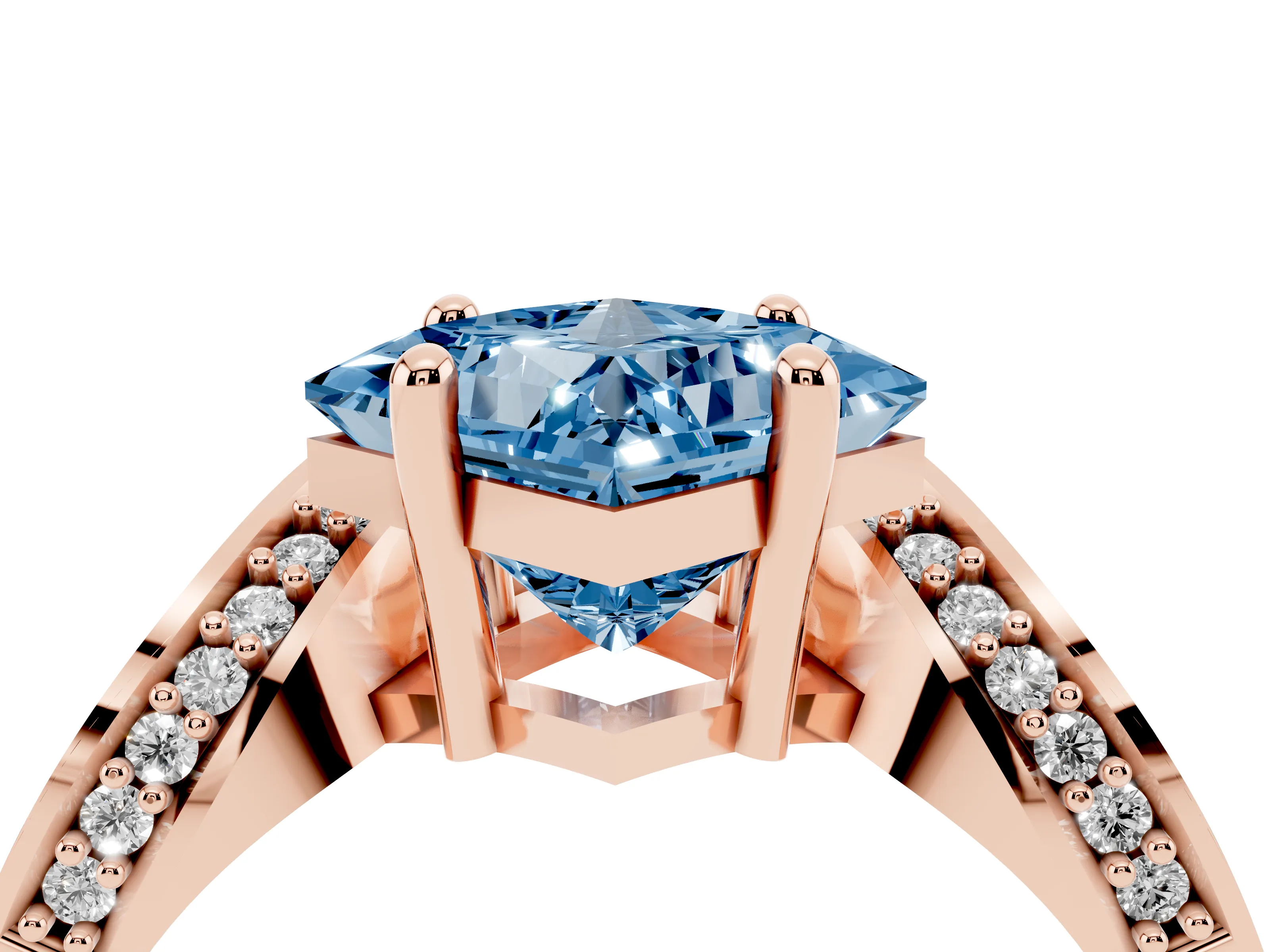 Fancy Blue Princess Cut Diamond Solitaire Engagement Ring Set in Rose gold with Pavé Shoulders
