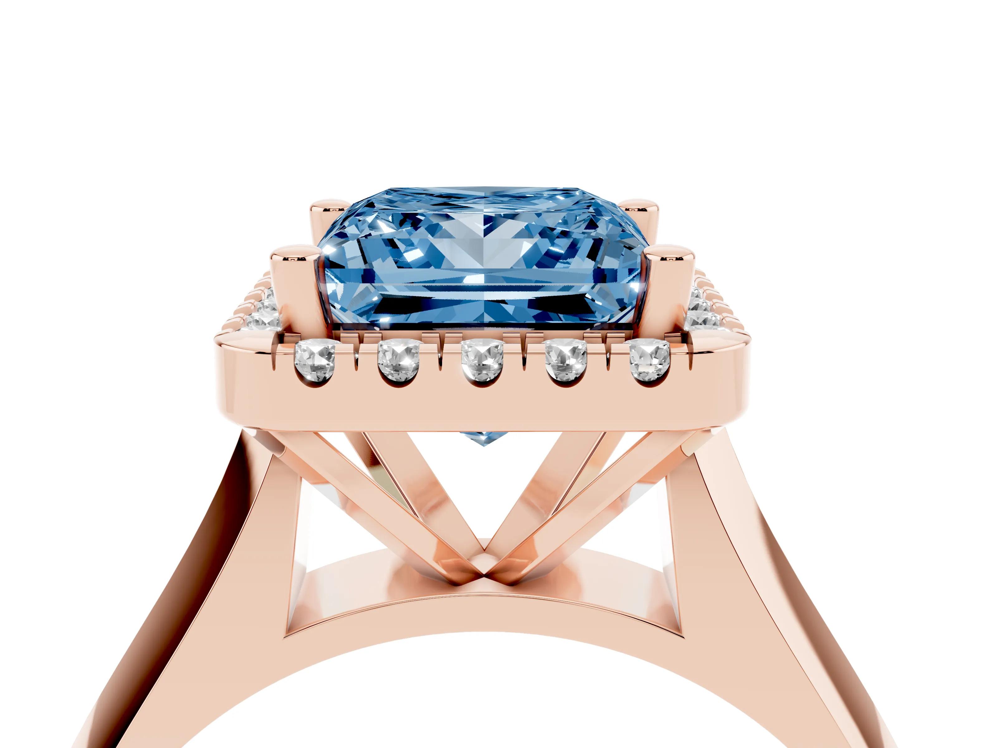 Fancy Blue Princess Cut Diamond Halo Solitaire Engagement Ring Set in Rose gold with Square Band and Prong Setting