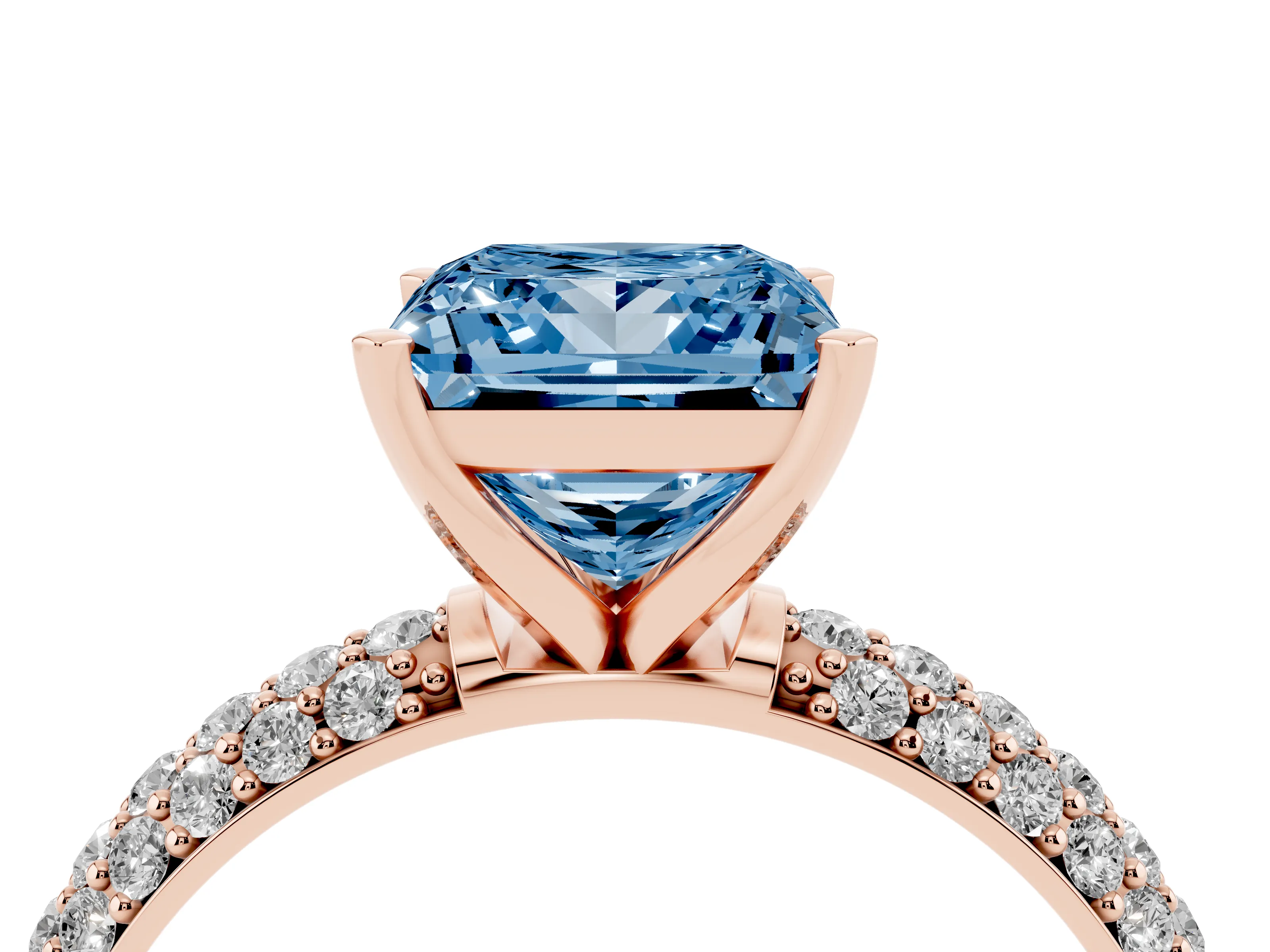 Fancy Blue Princess Cut Diamond Solitaire Ring Set in Rose gold with Prong Setting and Pavé-Set Band
