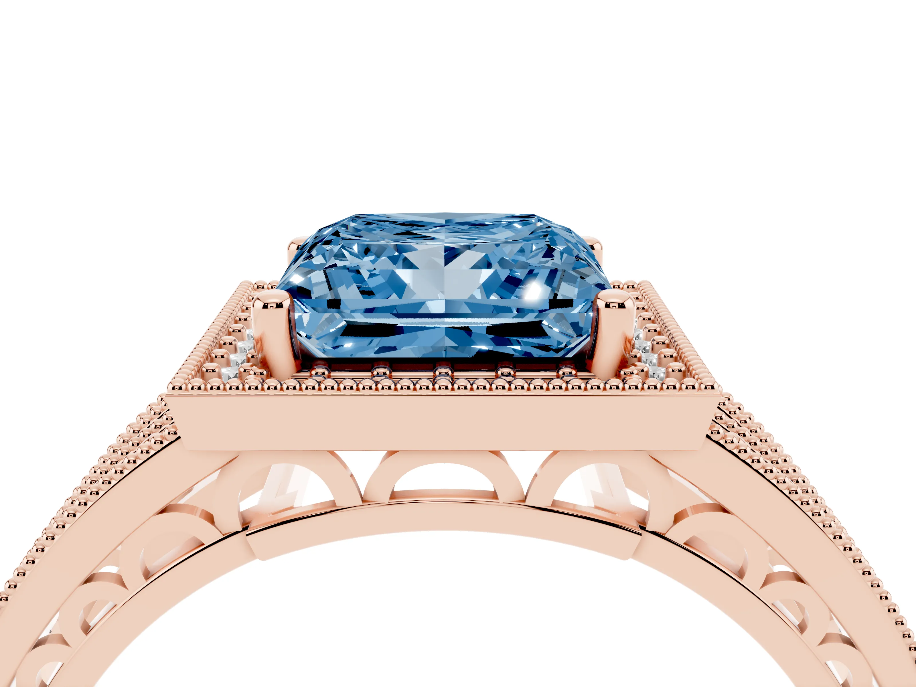 Fancy Blue Princess Cut Diamond Halo Ring Set in Rose gold with Accent Split Shank and Prong Setting