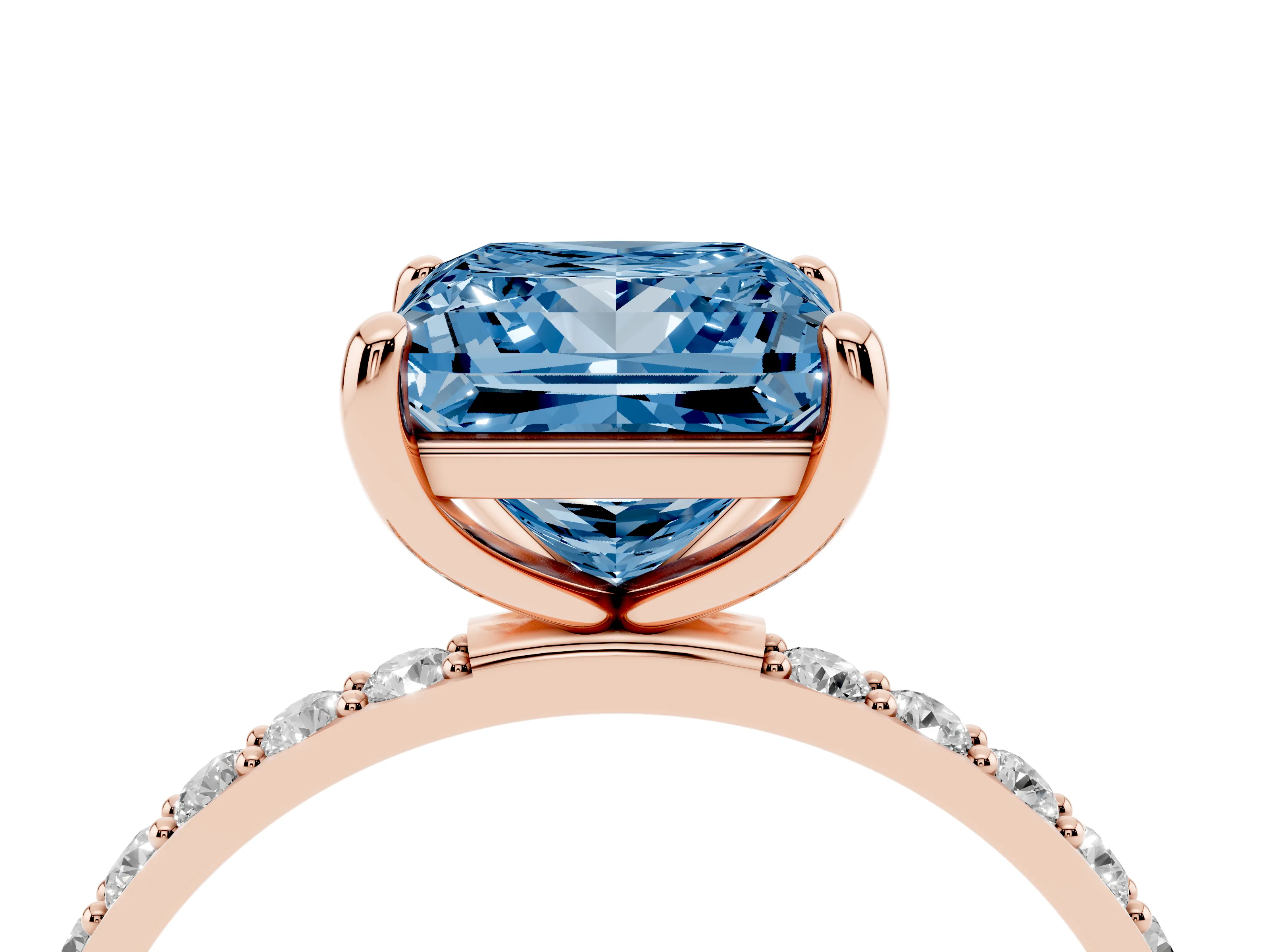 Fancy Blue Princess Cut Diamond Solitaire Ring Set in Rose gold with Round Pavé Band and Prong Setting