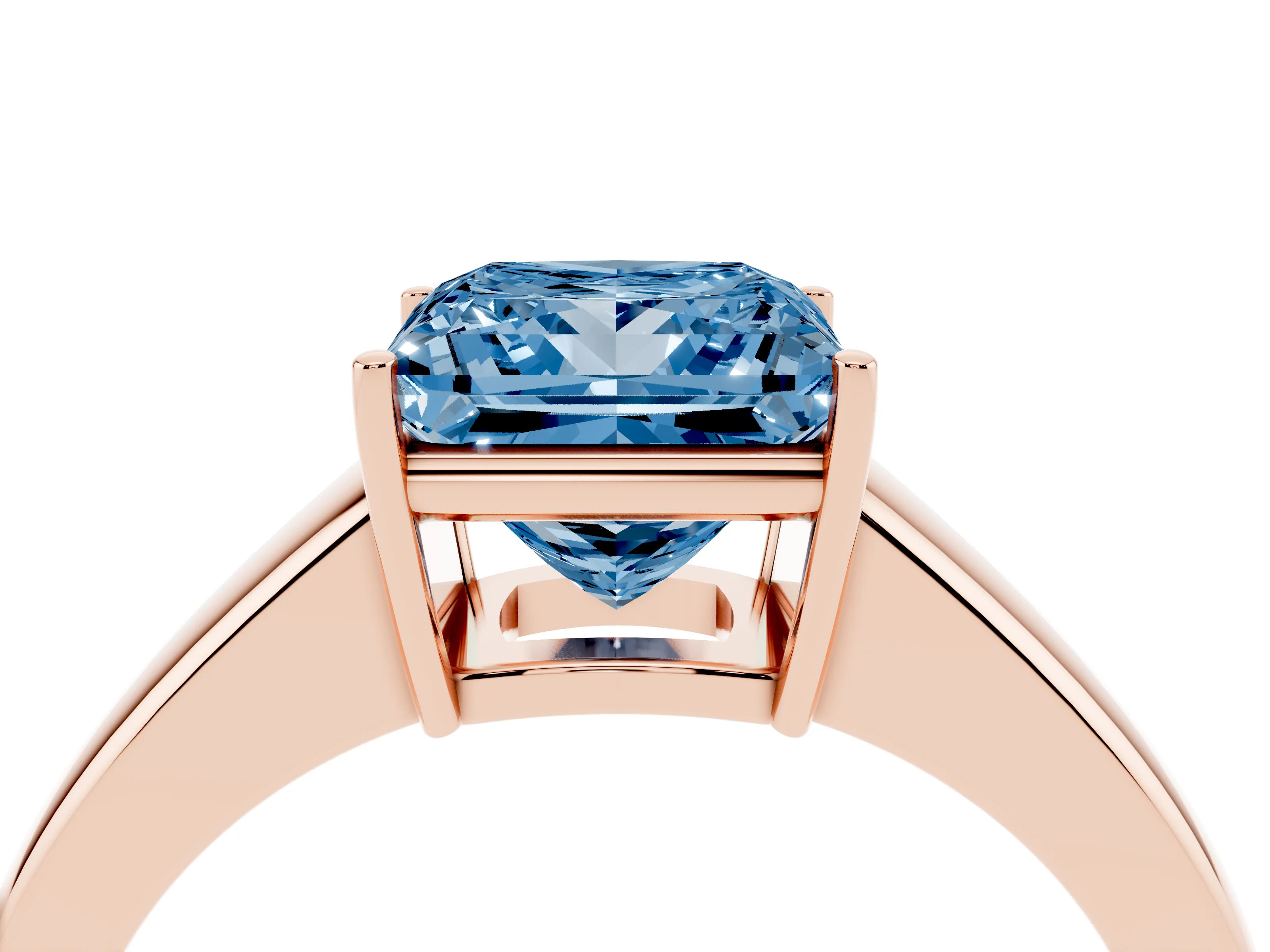 Fancy Blue Princess Cut Diamond Solitaire Ring Set in Rose gold with Tapered Band and Prong Setting