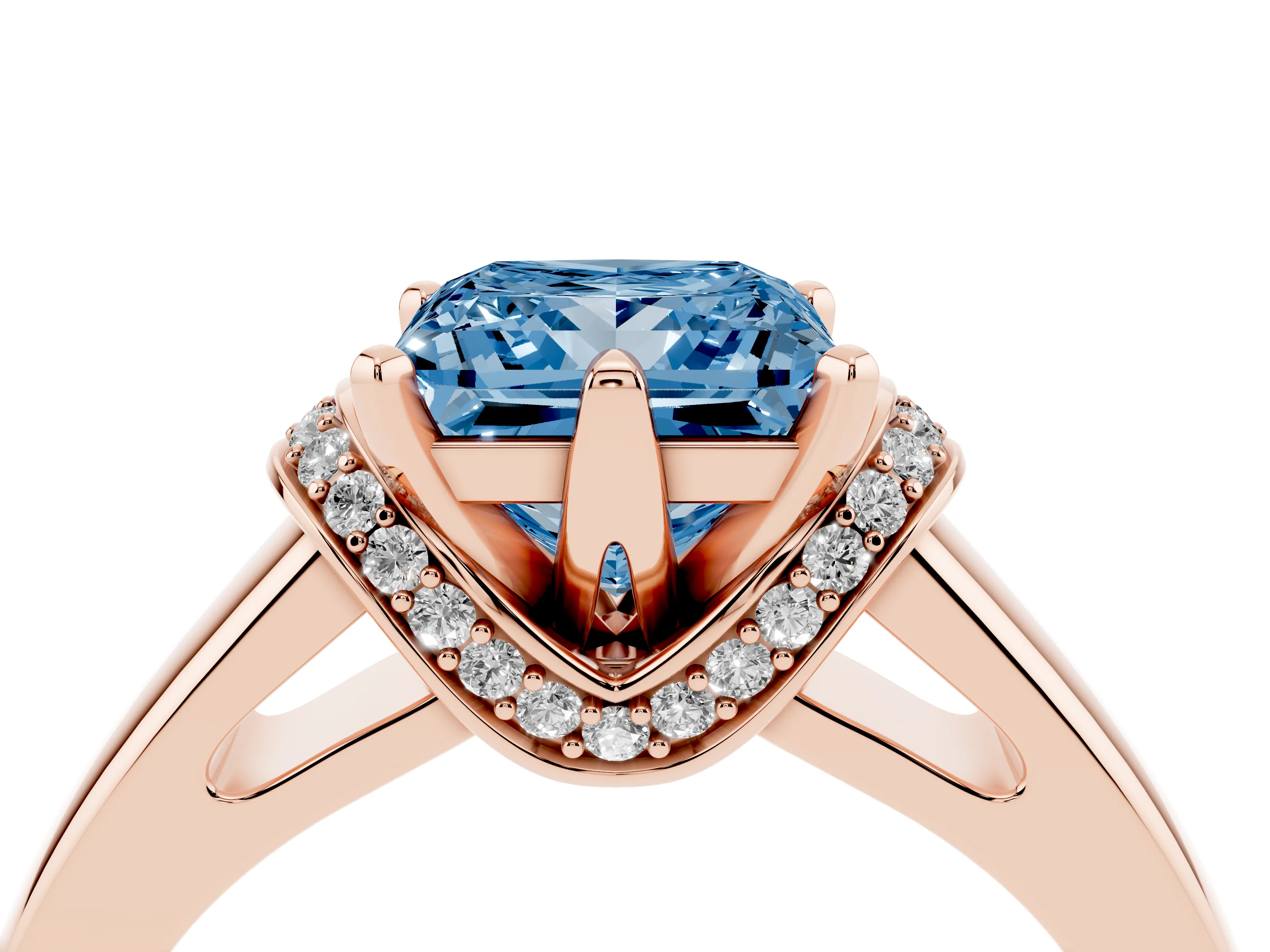 Fancy Blue Princess Cut Diamond Pavé Band Solitaire Ring Set in Rose gold with Prong Setting