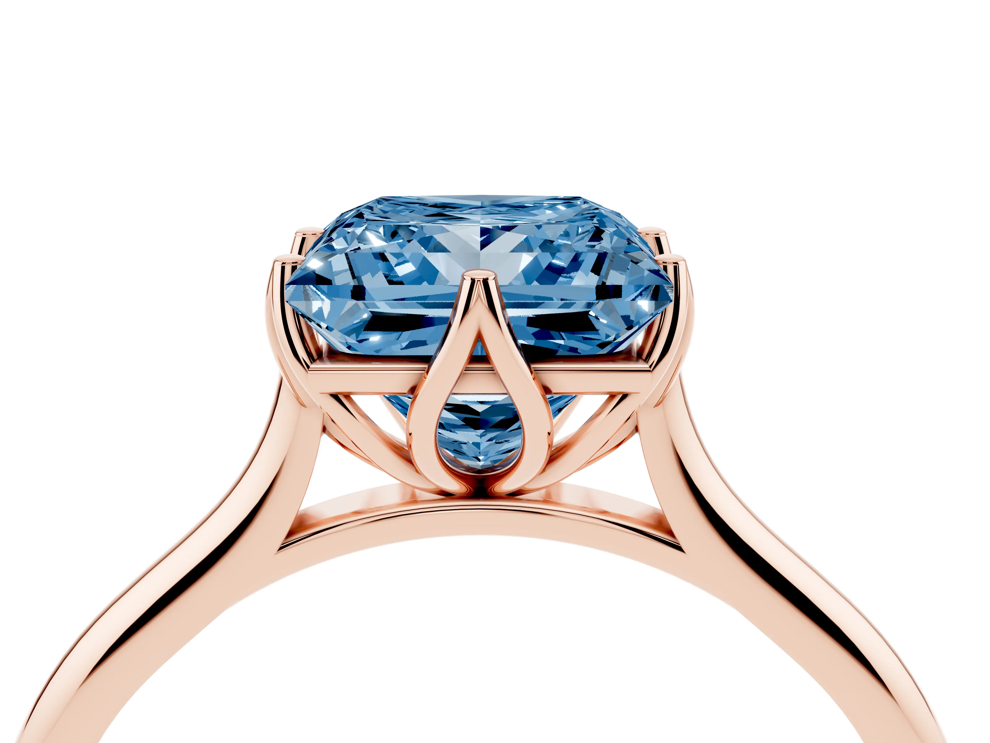 Fancy Blue Princess Cut Diamond Solitaire Cathedral Ring Set in Rose gold with Prong Setting