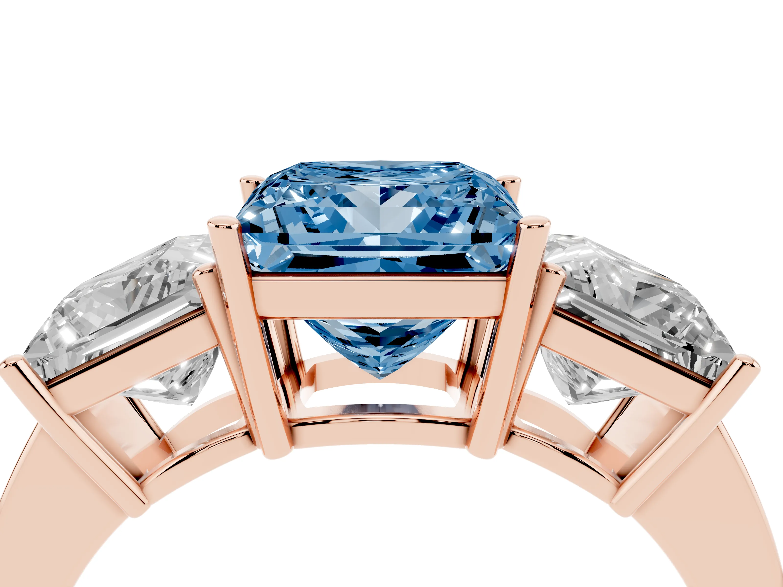 Fancy Blue Princess Cut Diamond Three-Stone Engagement Ring Set in Rose gold with Flat Band