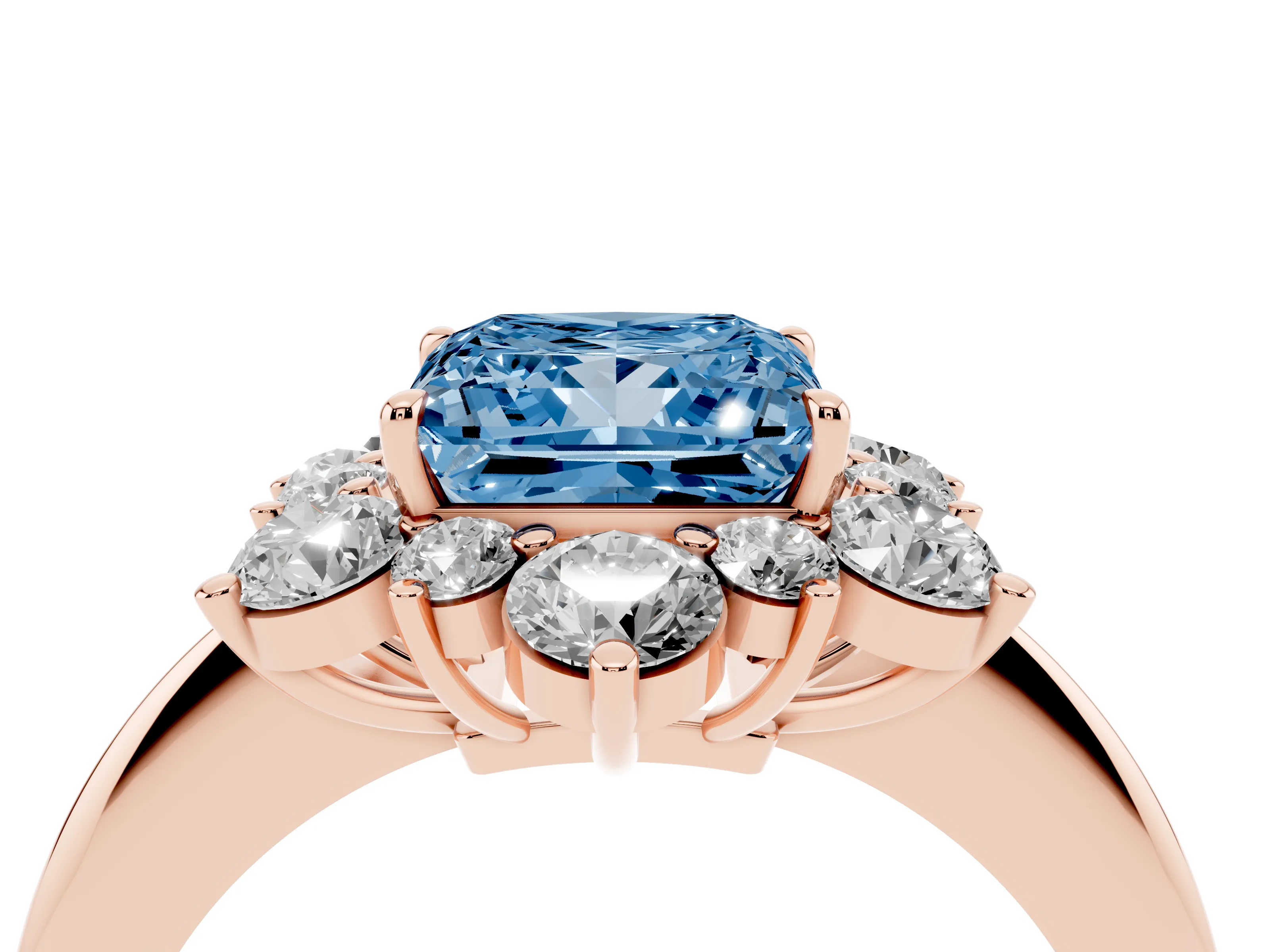 Fancy Blue Princess Cut Diamond Cluster Halo Ring Set in Rose gold with Solitaire Band and Prong Setting