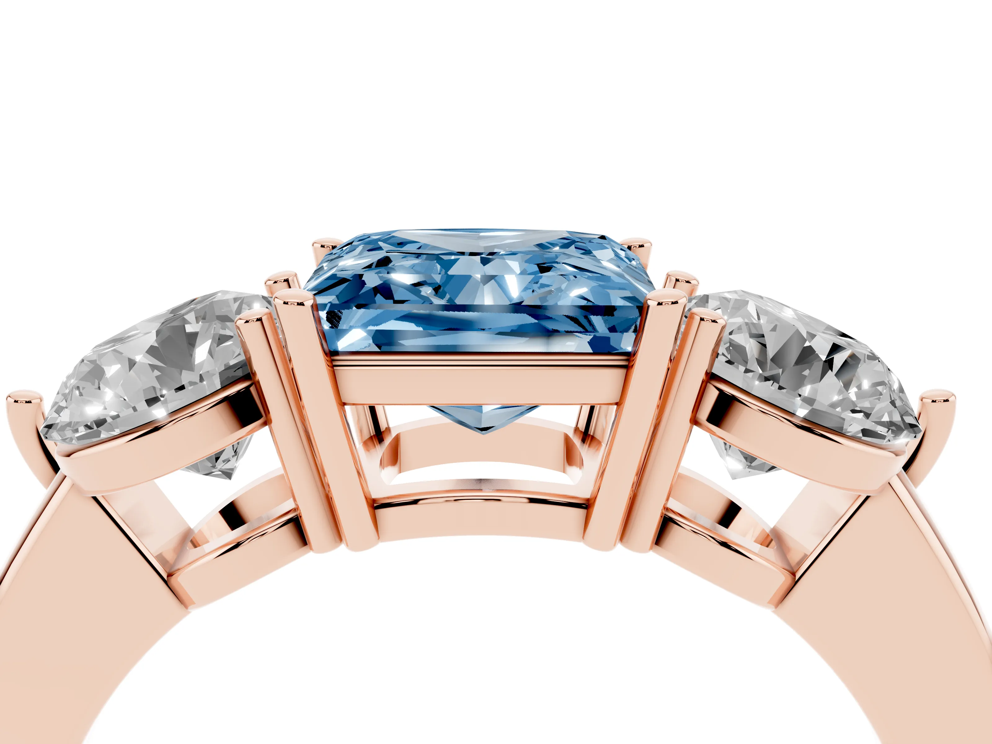 Fancy Blue Princess Cut Diamond Three-Stone Ring Set in Rose gold with Prong Setting and Plain Band
