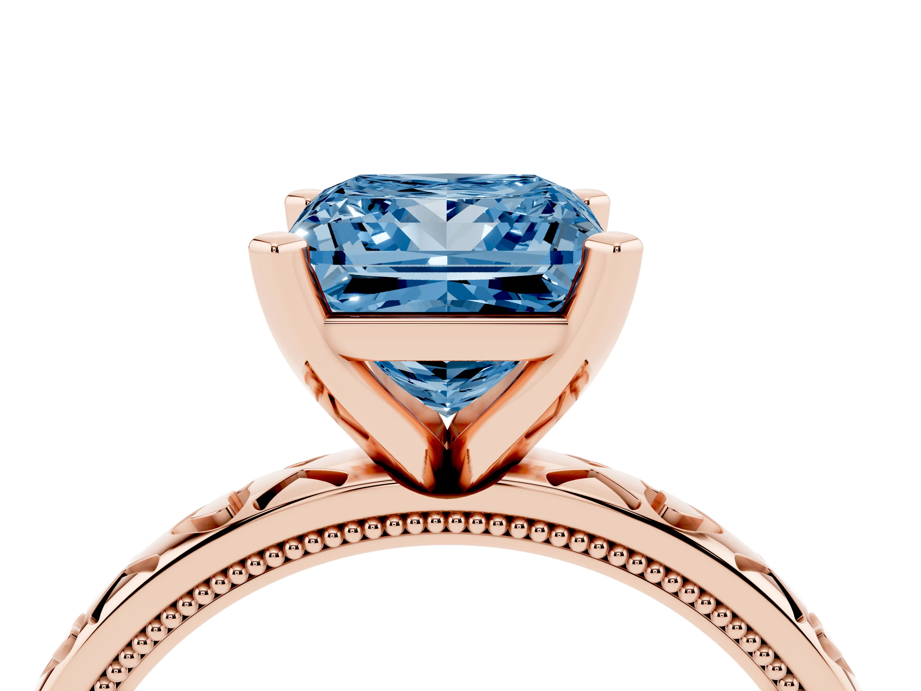 Fancy Blue Princess Cut Diamond Solitaire Engagement Ring Set in Rose gold with XO Engraved Band and Prong Setting