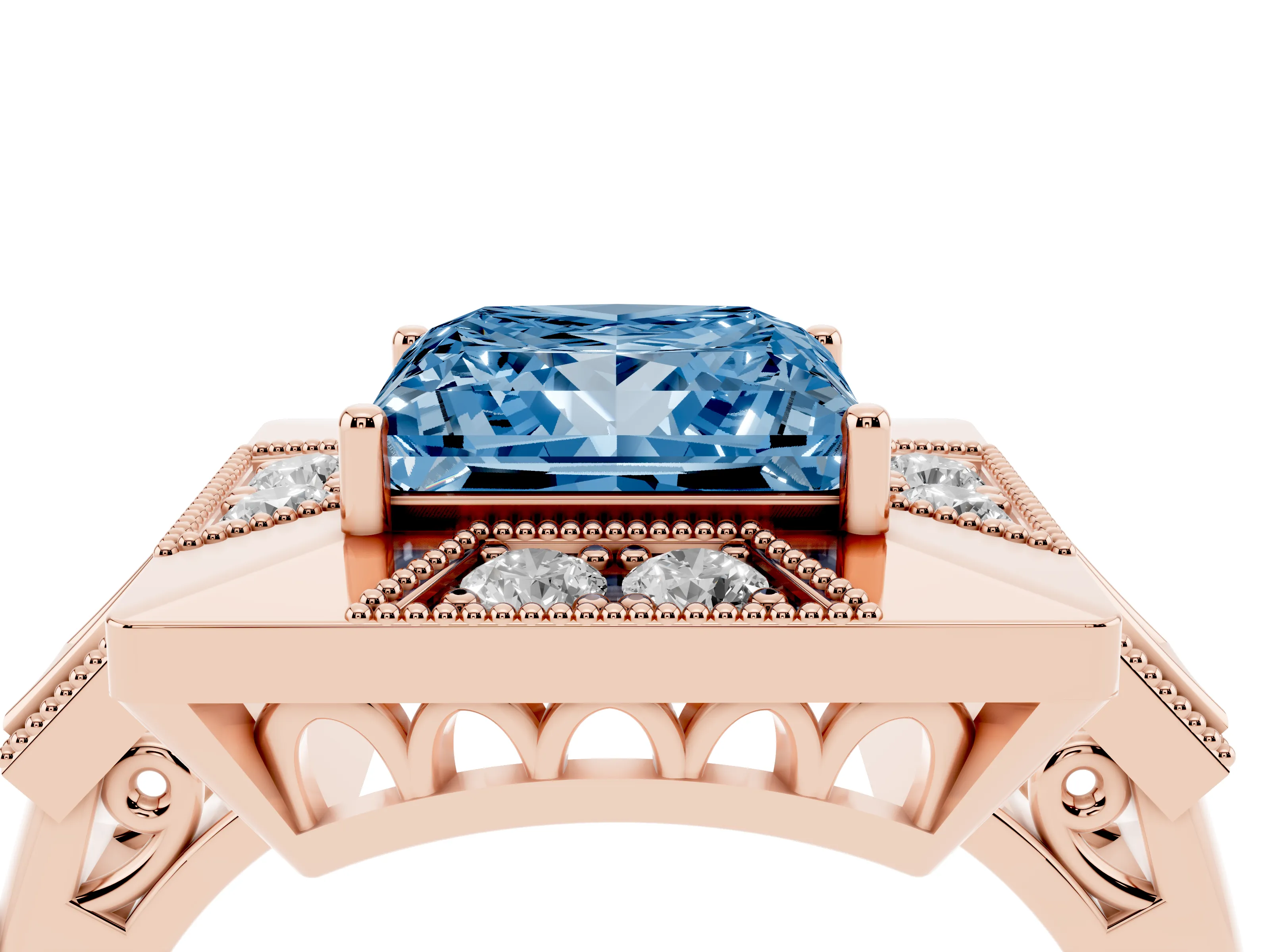 Fancy Blue Princess Cut Diamond Milgrain Halo Ring Set in Rose gold with Split Shank
