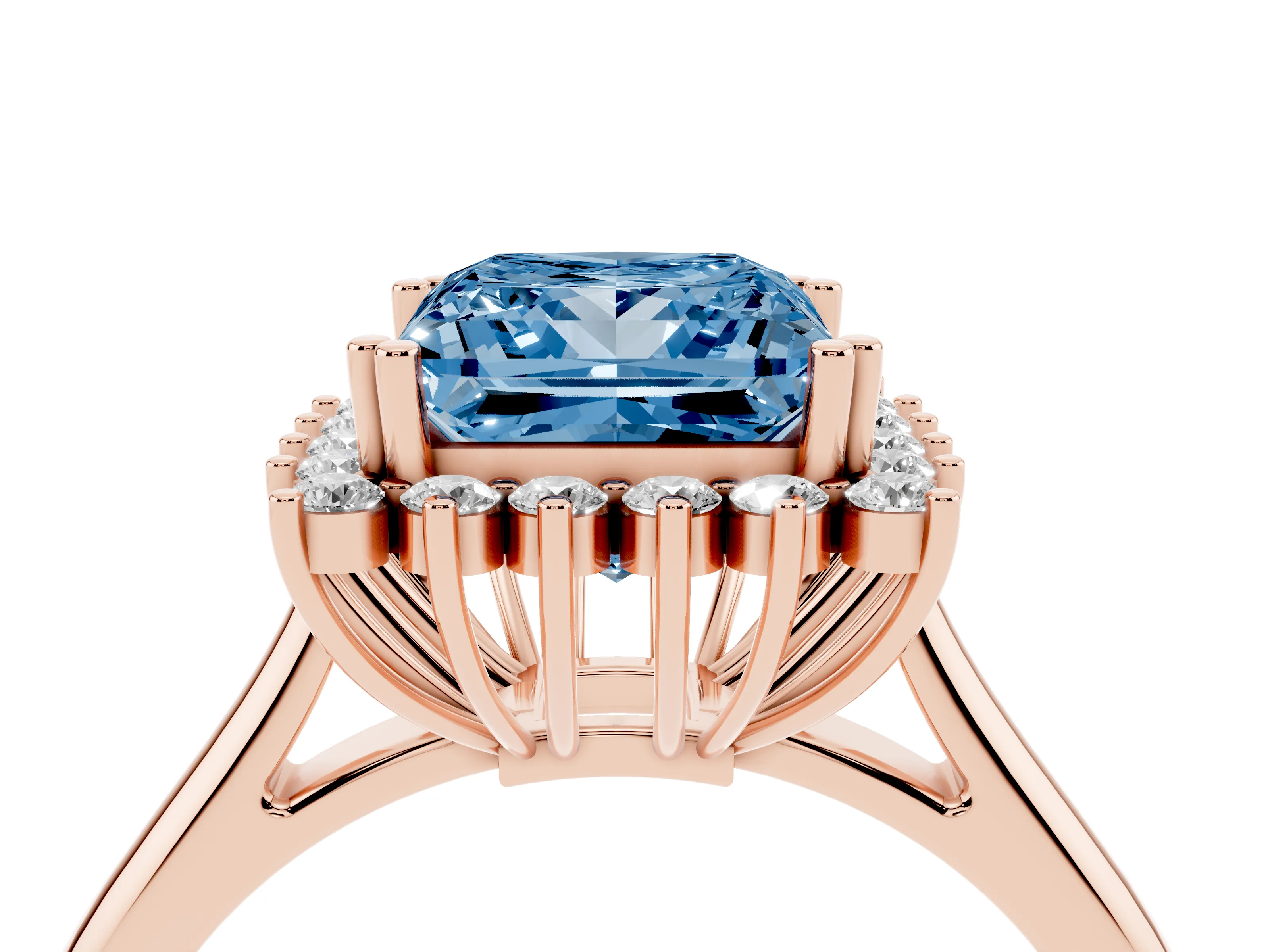 Fancy Blue Princess Cut Diamond Halo Ring Set in Rose gold with Plain Solitaire Band and Prong Setting