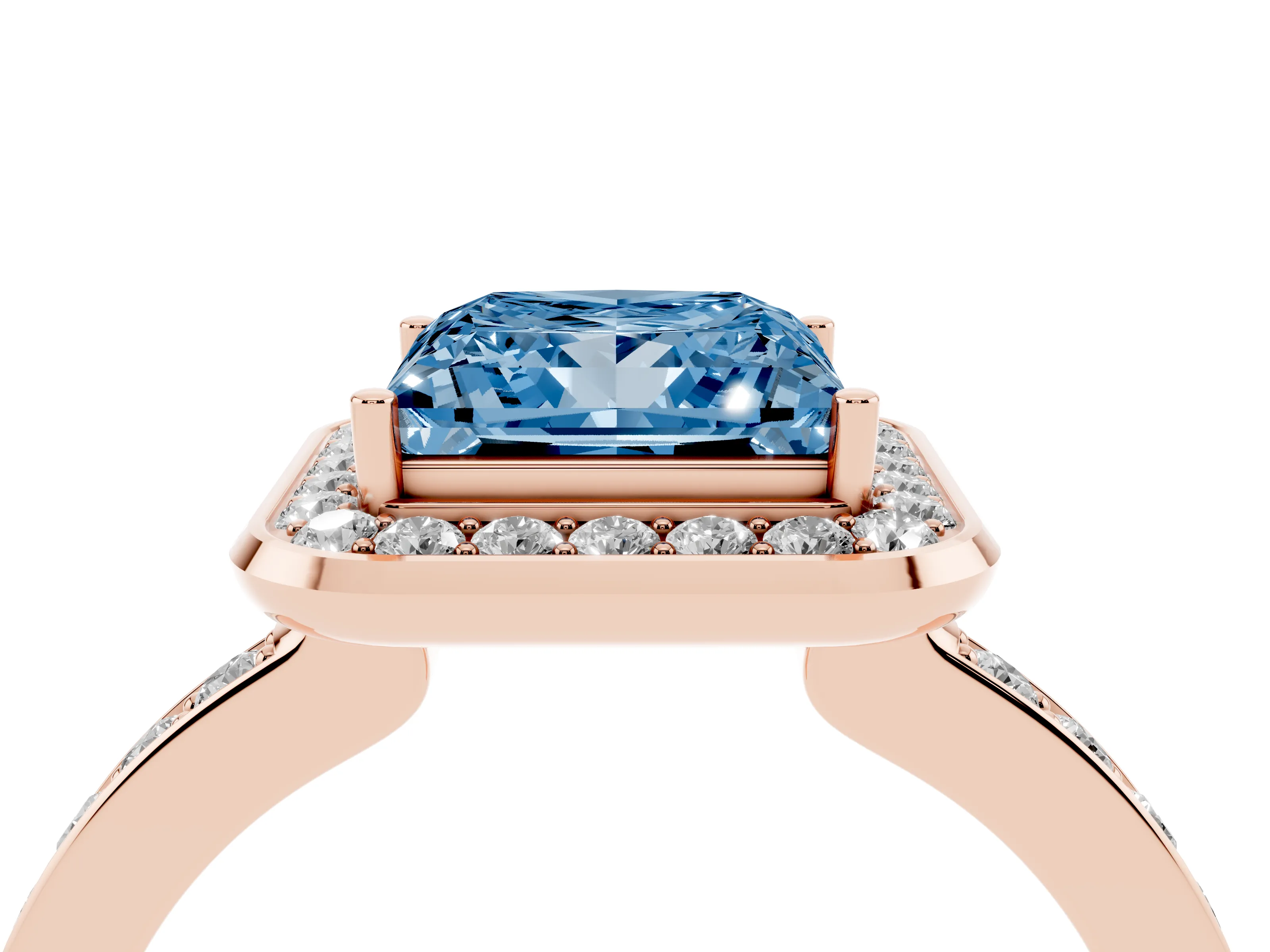 Fancy Blue Princess Cut Diamond Halo Ring Set in Rose gold with Bezel Frame and Pavé Band