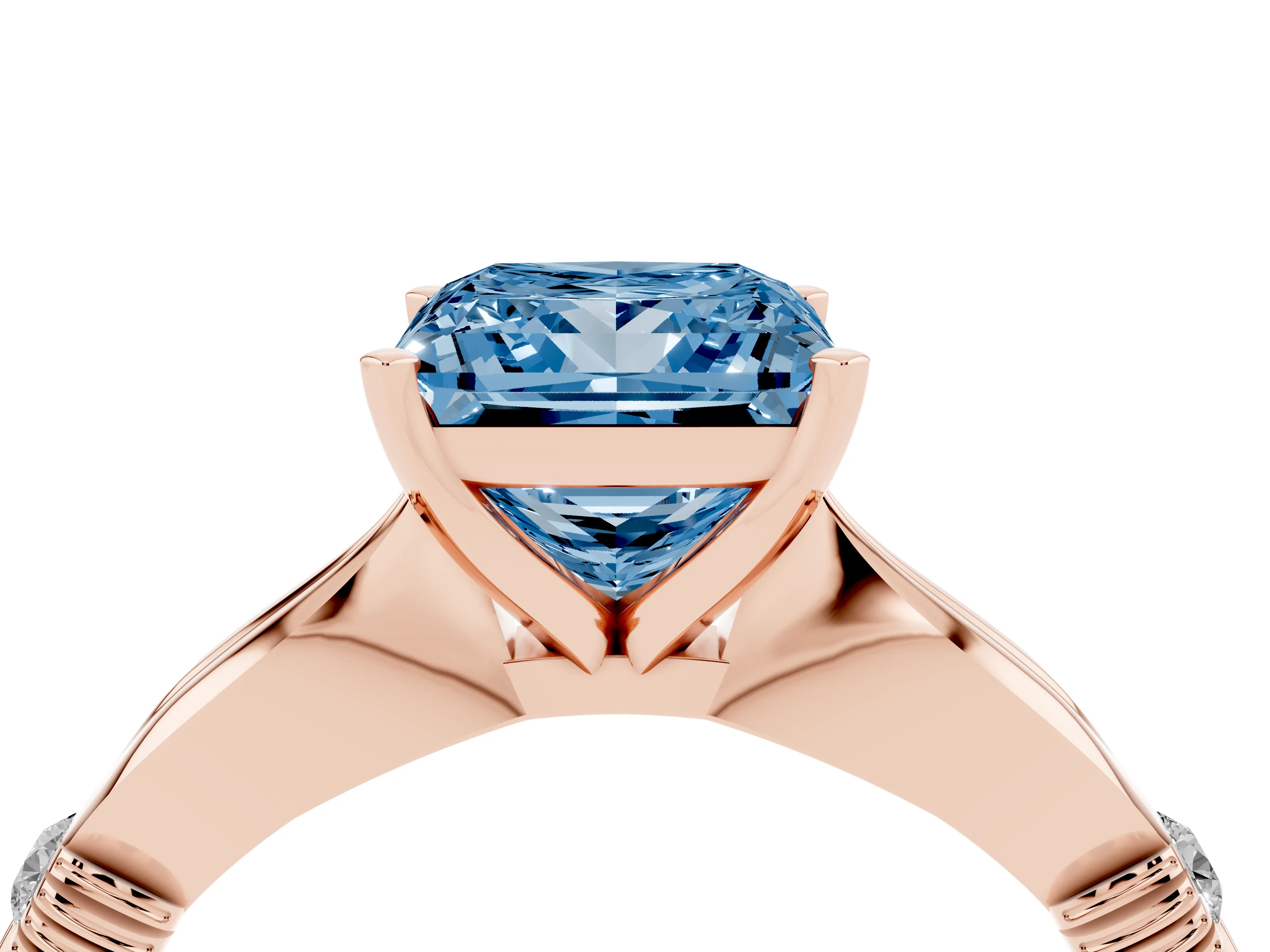 Fancy Blue Princess Cut Diamond Solitaire Twisted Band Ring Set in Rose gold with Accent Stones and Prong Setting