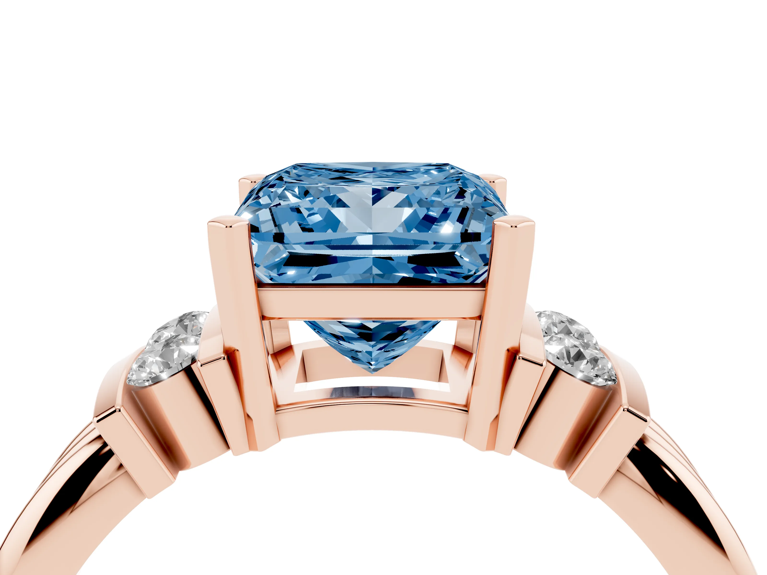 Fancy Blue Three-Stone Princess Cut Diamond Channel Set Ring Set in Rose gold with Bar Prongs