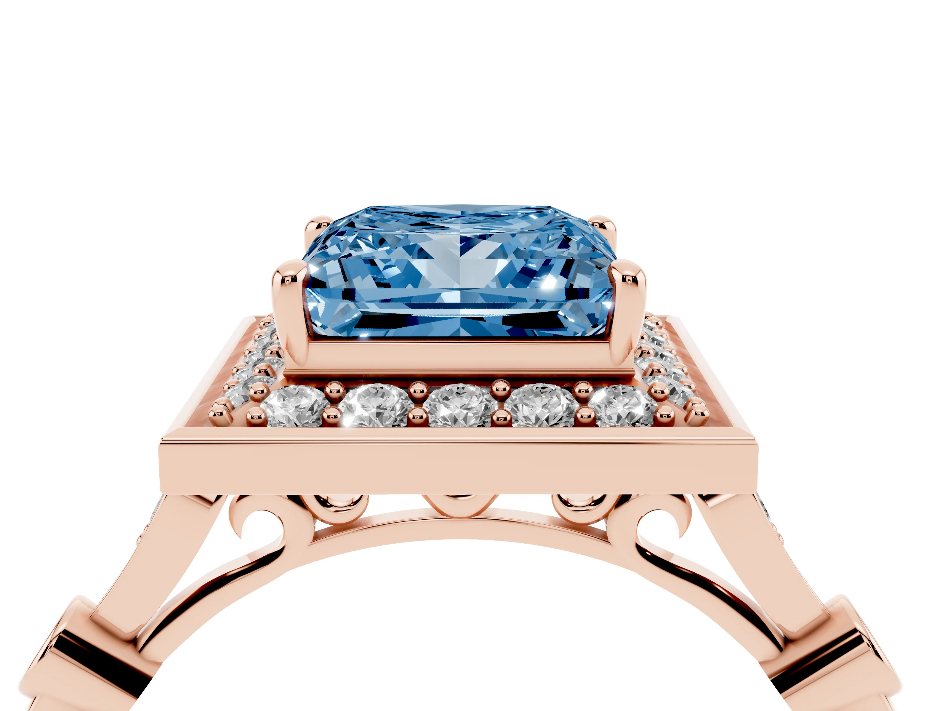 Fancy Blue Princess Cut Diamond Halo Engagement Ring Set in Rose gold with Twisted Band and Prong Setting