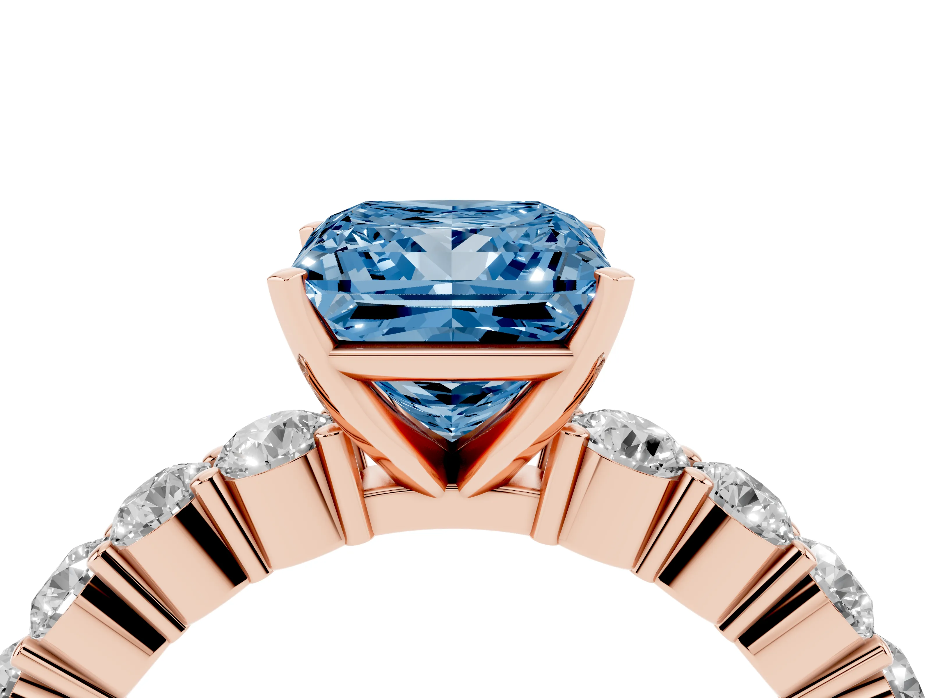 Fancy Blue Princess Cut Diamond Solitaire Ring Set in Rose gold with Shared Prong Round Side Stones