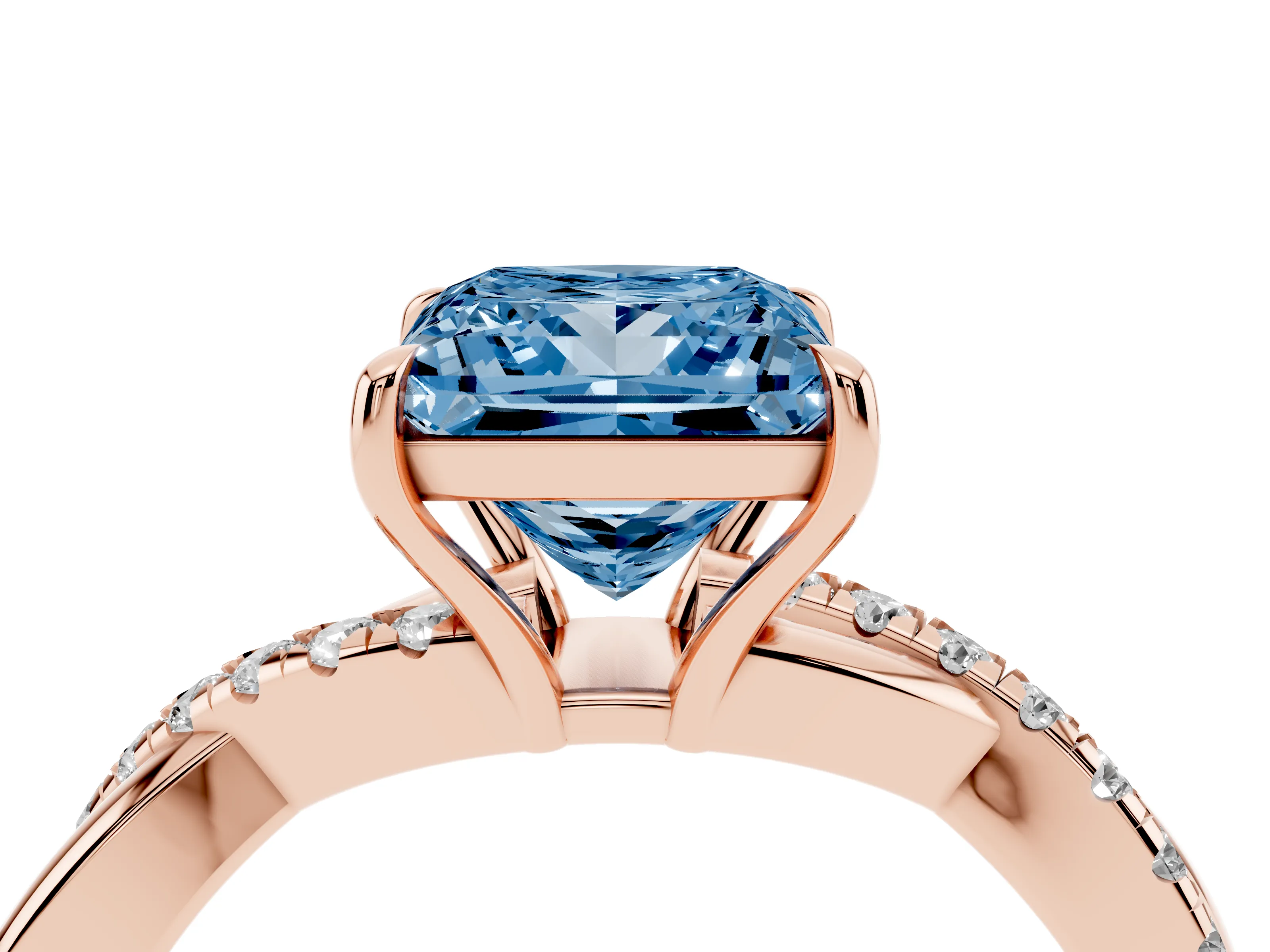 Fancy Blue Princess Cut Diamond Twisted Pavé Band Ring Set in Rose gold with Prong Setting