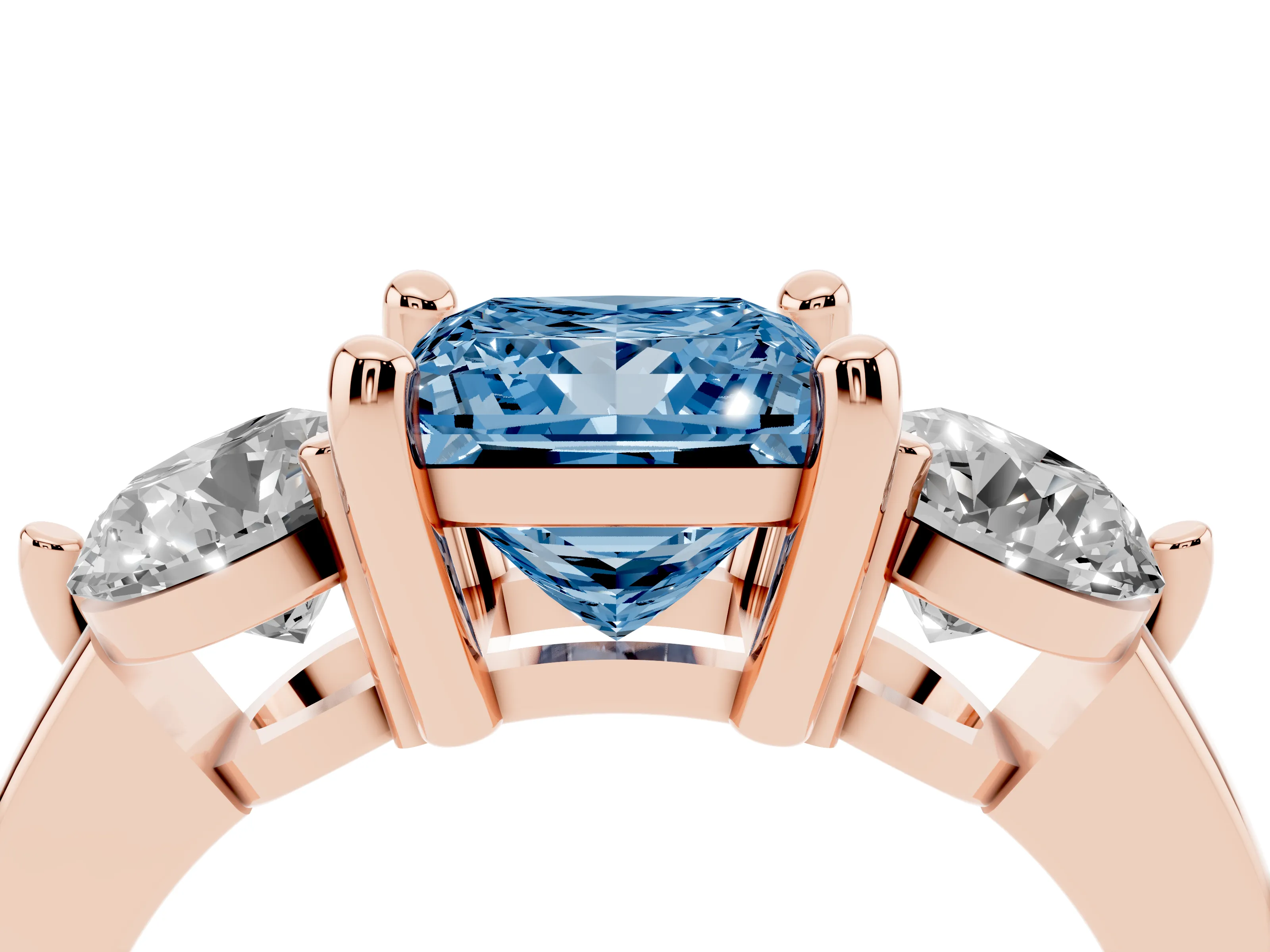Fancy Blue Princess Cut Diamond Three-Stone Ring Set in Rose gold with Prong Setting and Classic Band