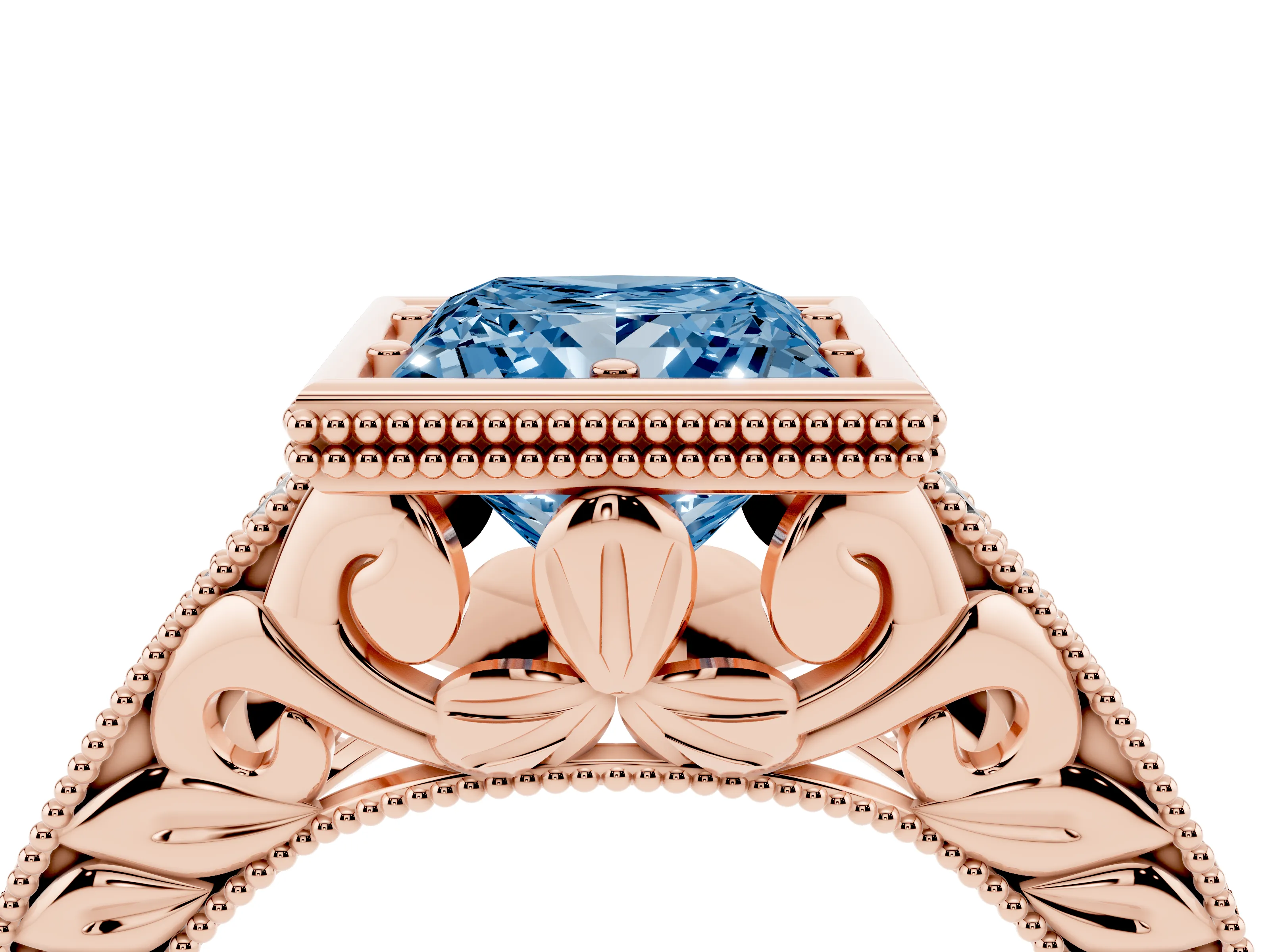 Fancy Blue Bezel Set Princess Cut Diamond Milgrain Pavé Engagement Ring Set in Rose gold