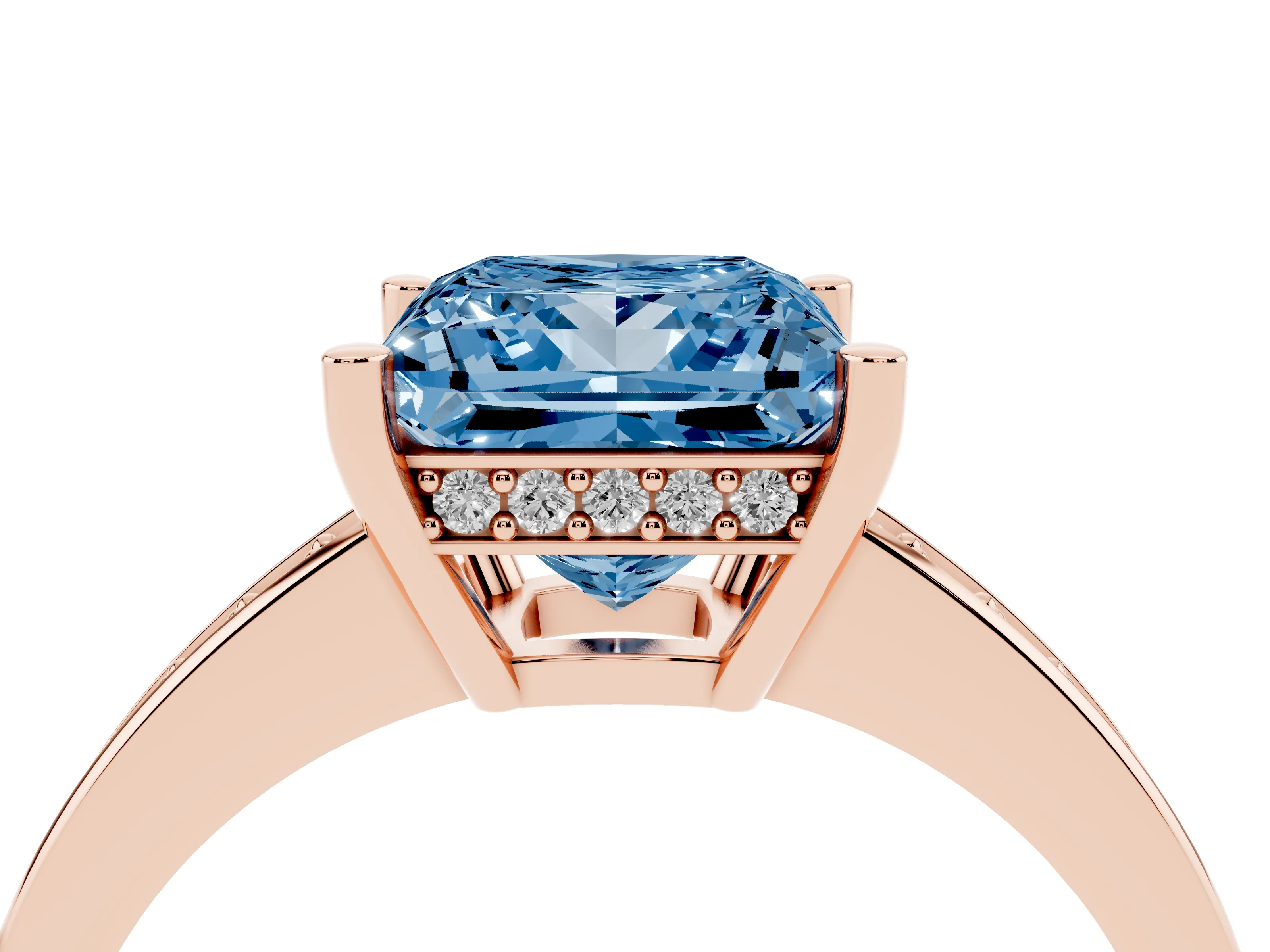Fancy Blue Princess Cut Diamond Pavé Band Prong Set Solitaire Ring Set in Rose gold